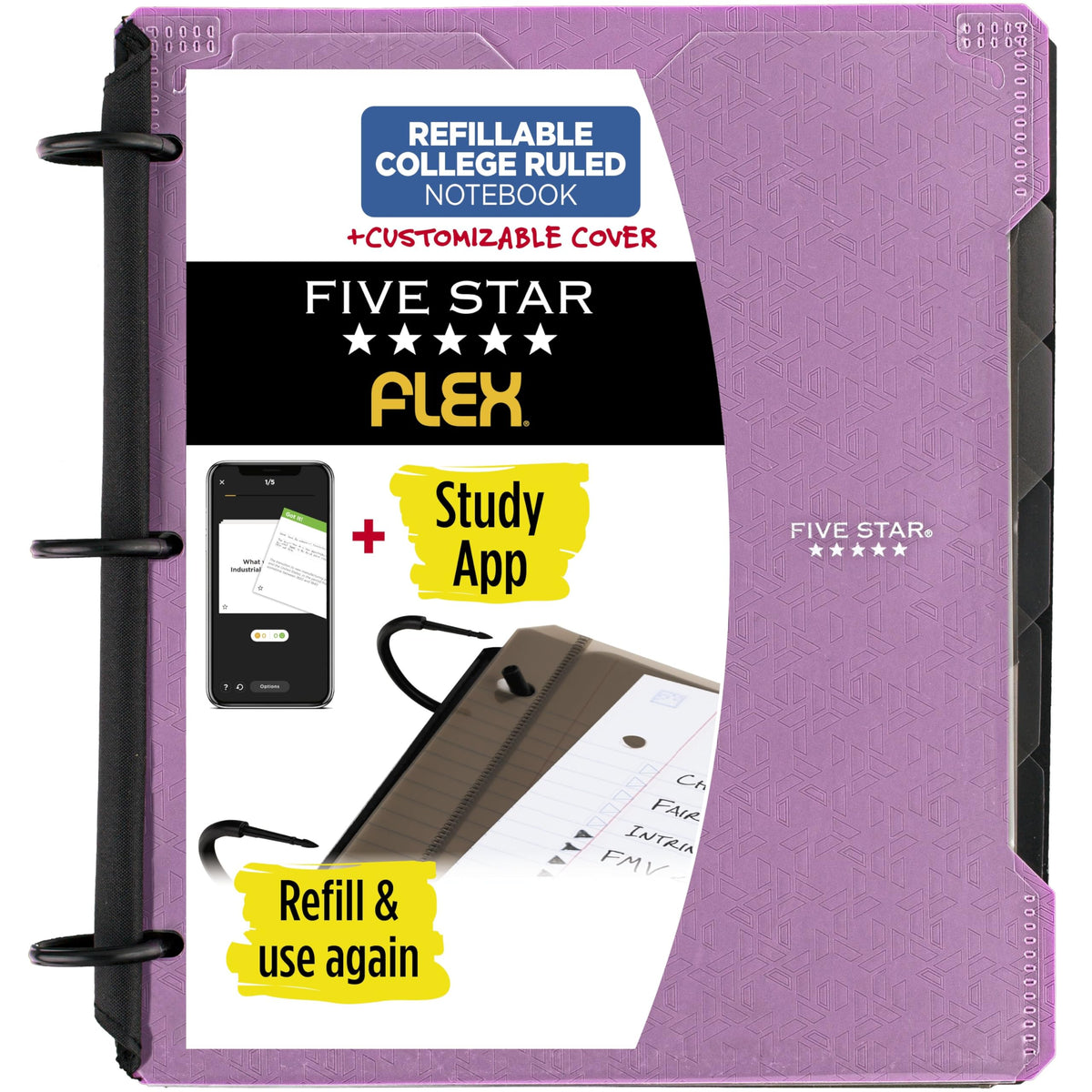 Five Star Flex Refillable Notebook + Study App, College Ruled Paper and 1 Inch TechLock Ring Binder