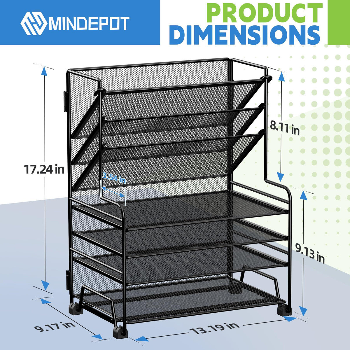 MINDEPOT 4-Tier Paper Organizer + 3-Pocket File Holder + Drawer + Pen Holders, Desktop File