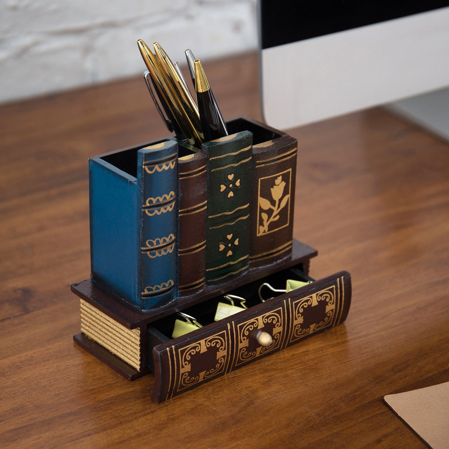 MyGift Decorative Desk Organizer Pen and Pencil Holder with Storage Drawer