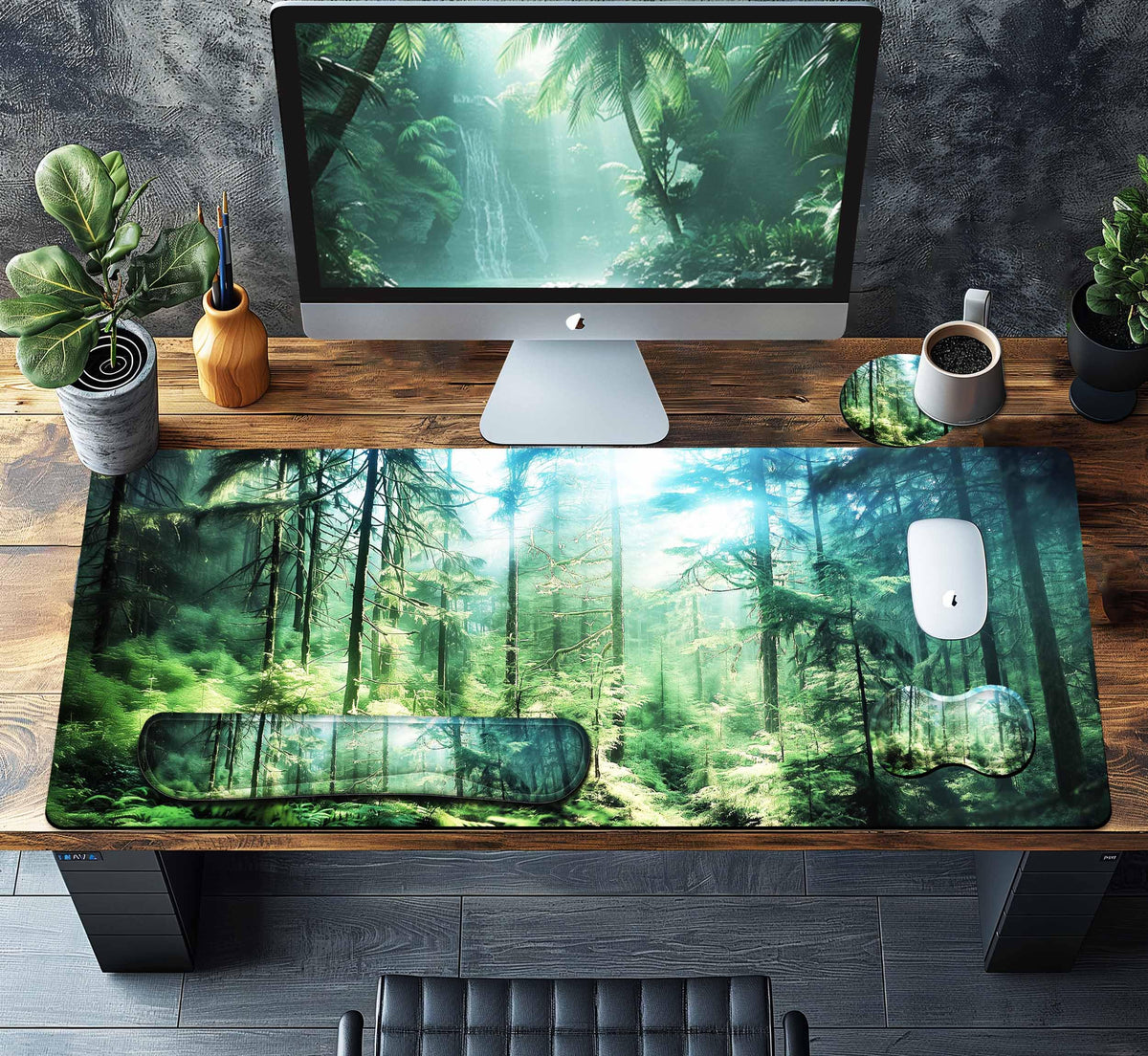 HaoSiTeck 4-Piece Extended Large Mouse Pad Set for Women Men with Green Forest Design Includes 35.4