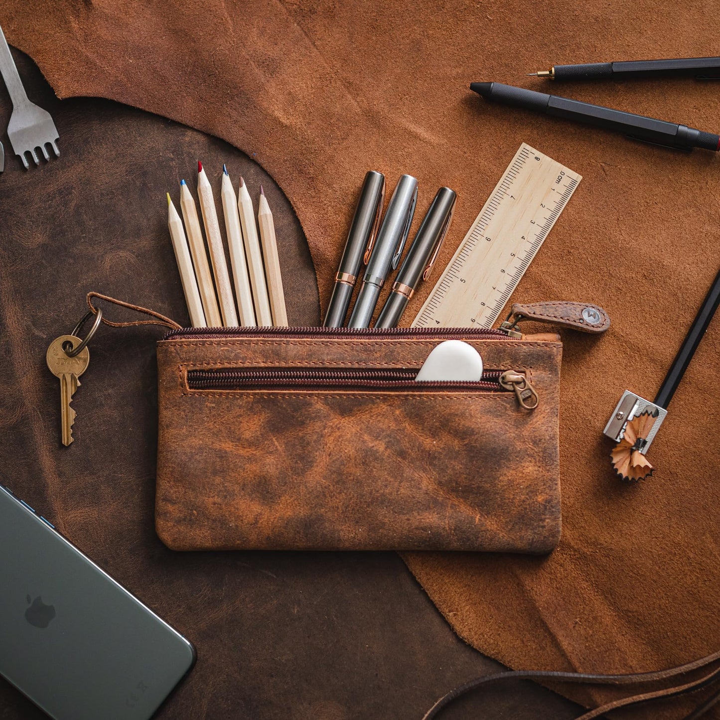 moonster Full-Grain Buffalo Leather Pen Case, 8x4 Inch, Zipper, Handmade – Pencil Case Pouch, Small