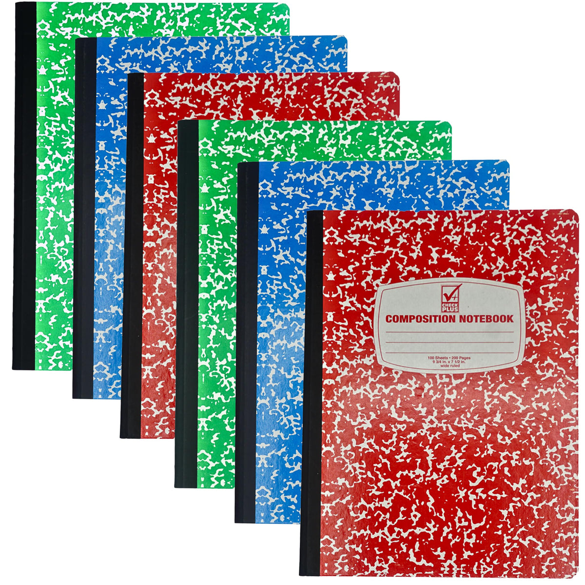 4E's Novelty Wide Ruled Composition Notebooks - Pack of 6- Hard Cover 100 Sheets 9.75" x 7.5" - Red