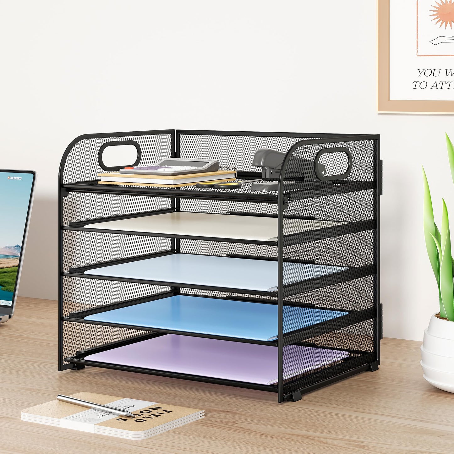 Kinkota Paper Organizer Letter Tray with Handle Mesh 5 Trays-Black 2 Pack