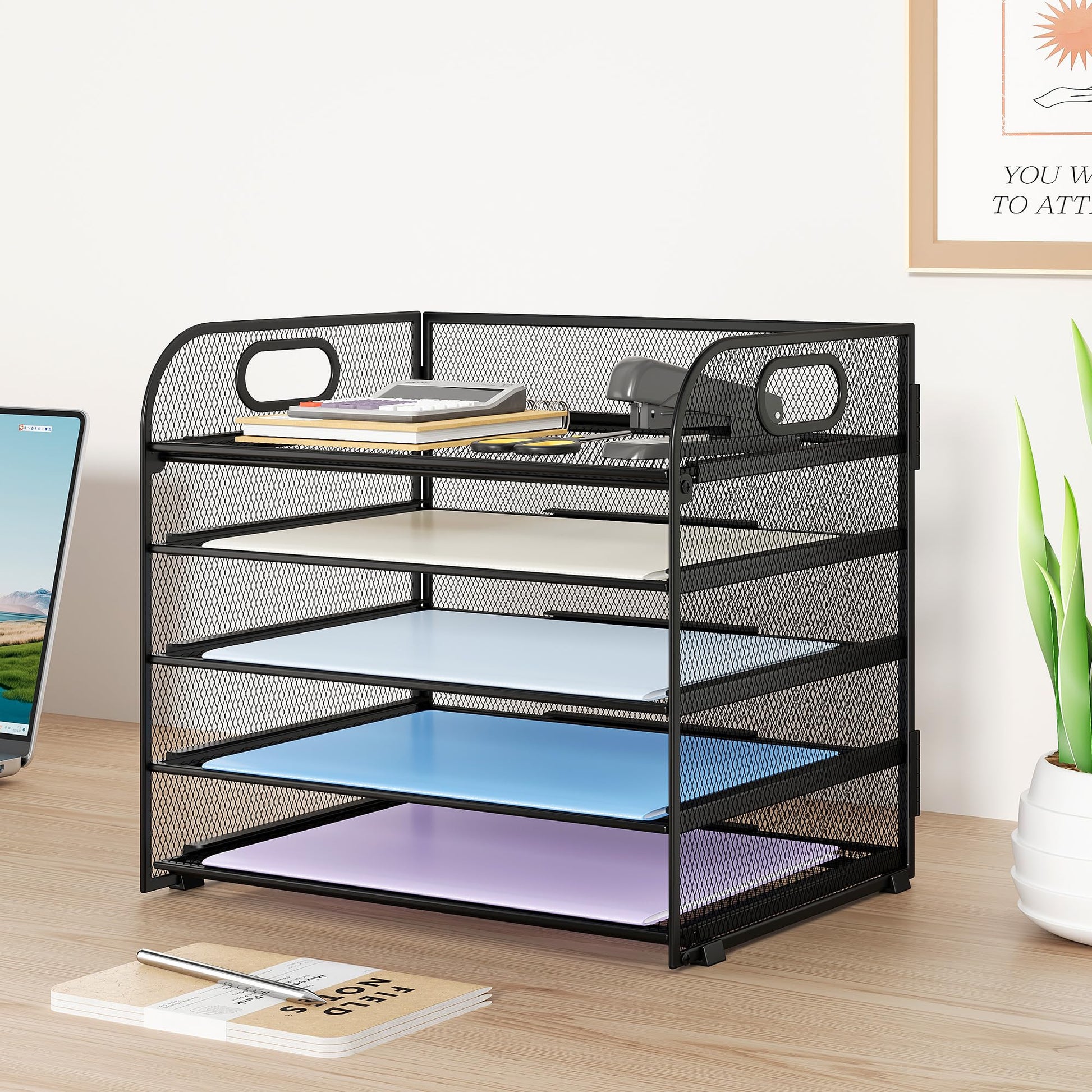 Kinkota Paper Organizer Letter Tray with Handle Mesh 5 Trays-Black 2 Pack