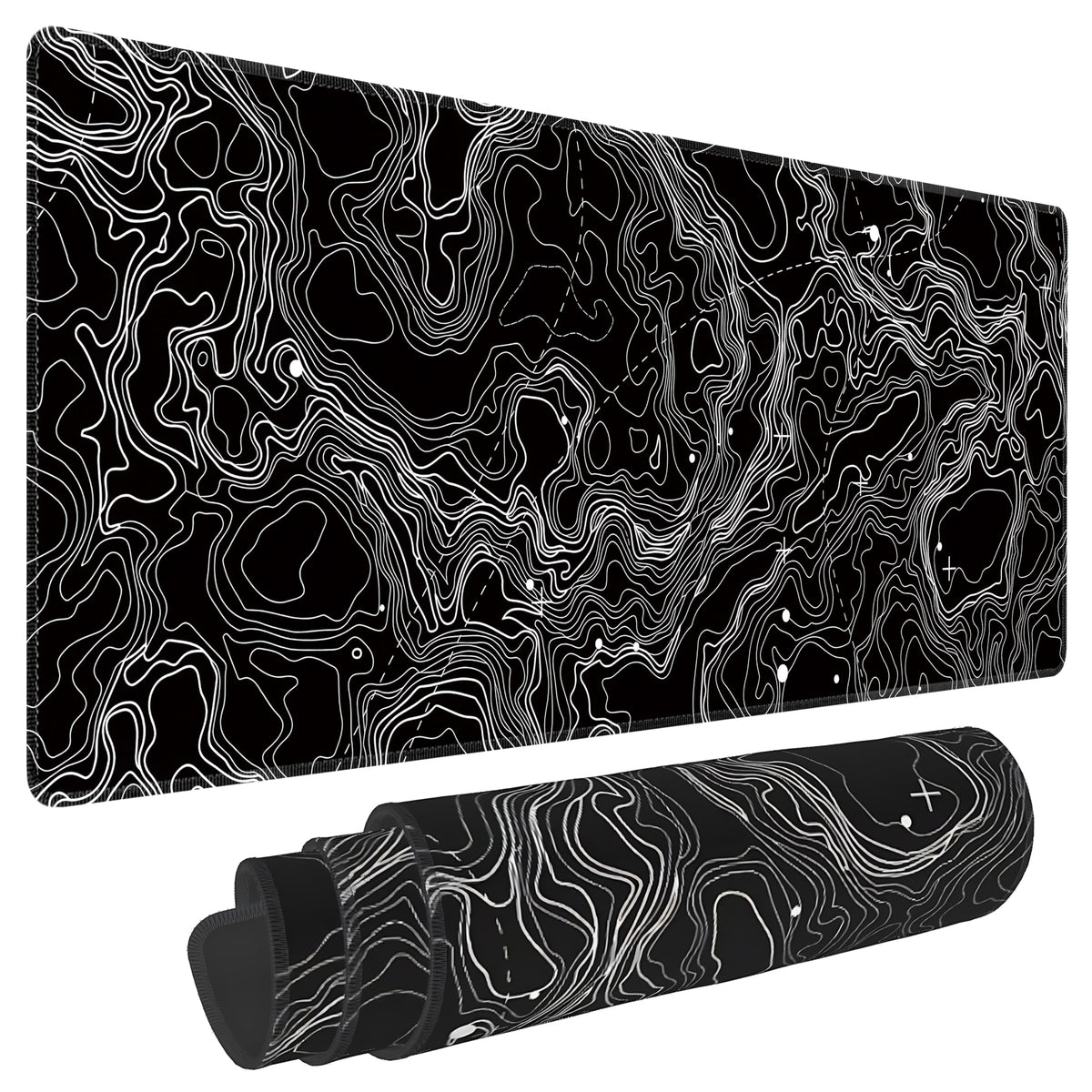 Black with White Topographic Line Large Mouse Pad,Gaming Keyboard Desk Pad,Extended Mouse Mat
