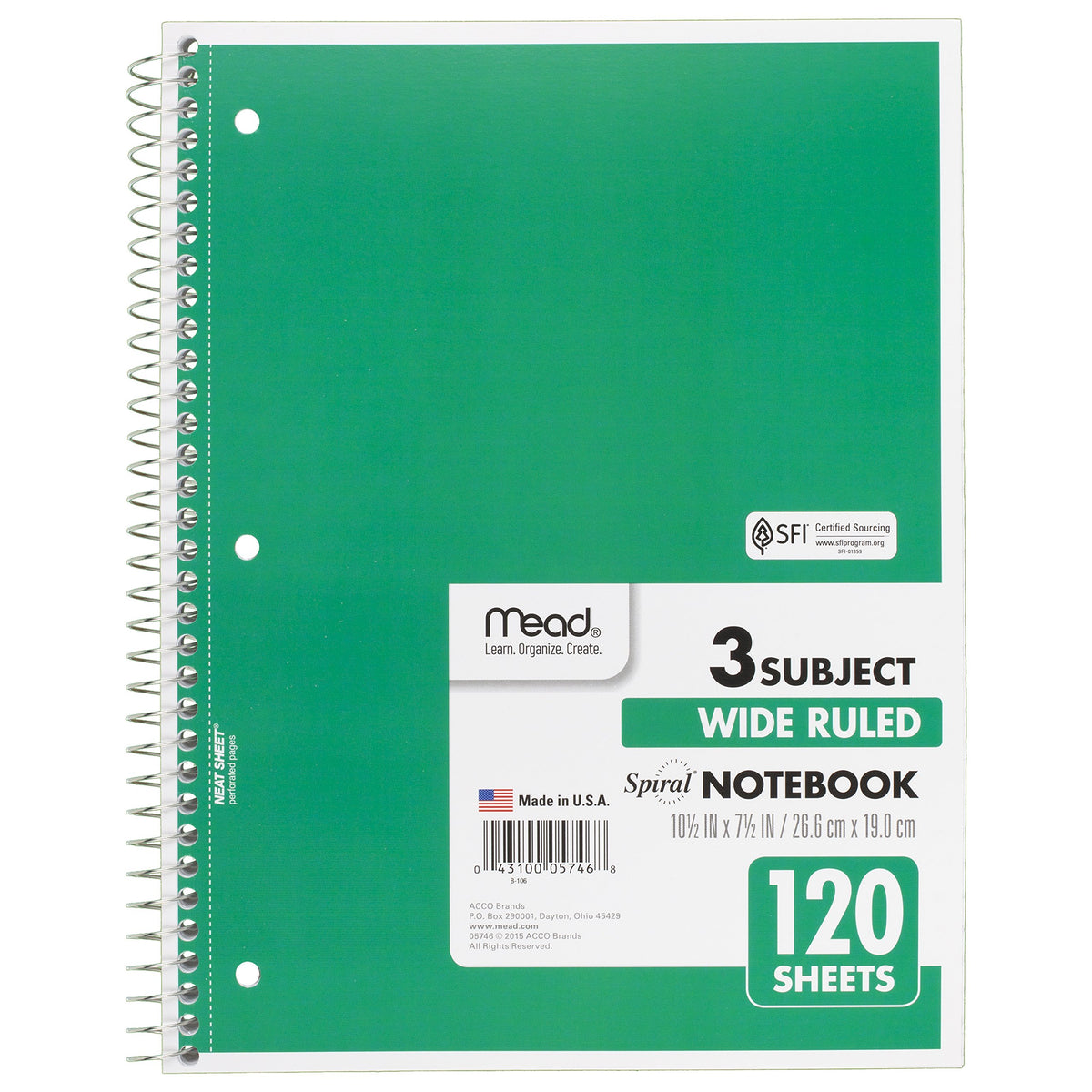 Mead Spiral Notebooks, 3 Subject, Wide Ruled Paper, 120 Sheets, 10-1/2" x 7-1/2", Red, Green, Blue