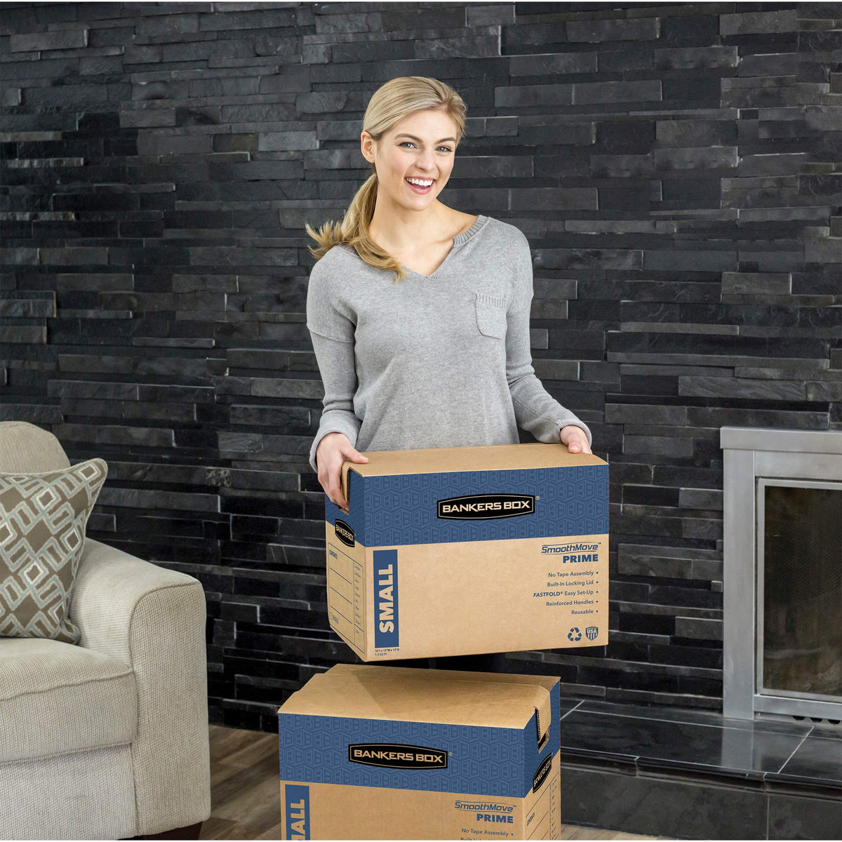 Bankers Box Small Prime Moving Box 5 Pack, Reinforced Handles, Tape-Free Assembly, Attached Lid