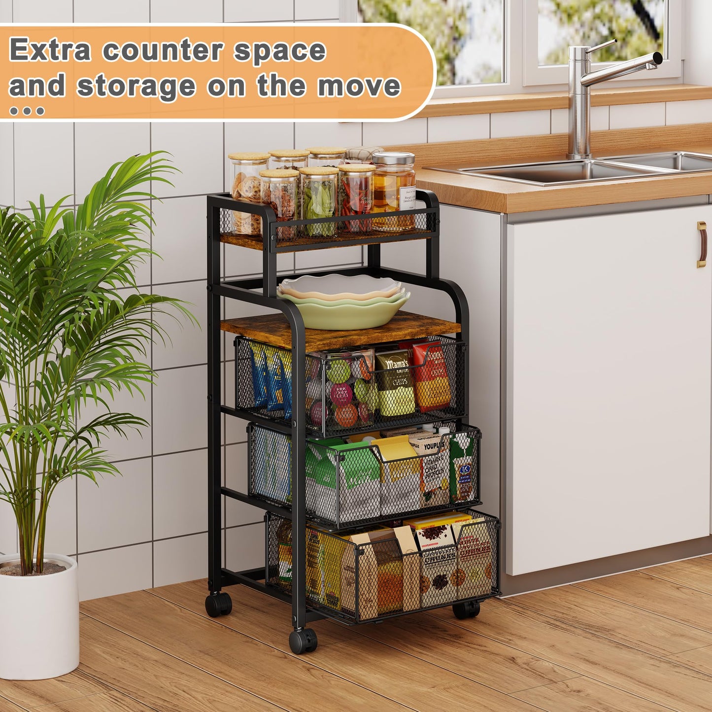 Yociyoga Fruit Vegetable Storage Cart, Kitchen Rolling Cart with Wheels, 4 Tier Pantry Organizer