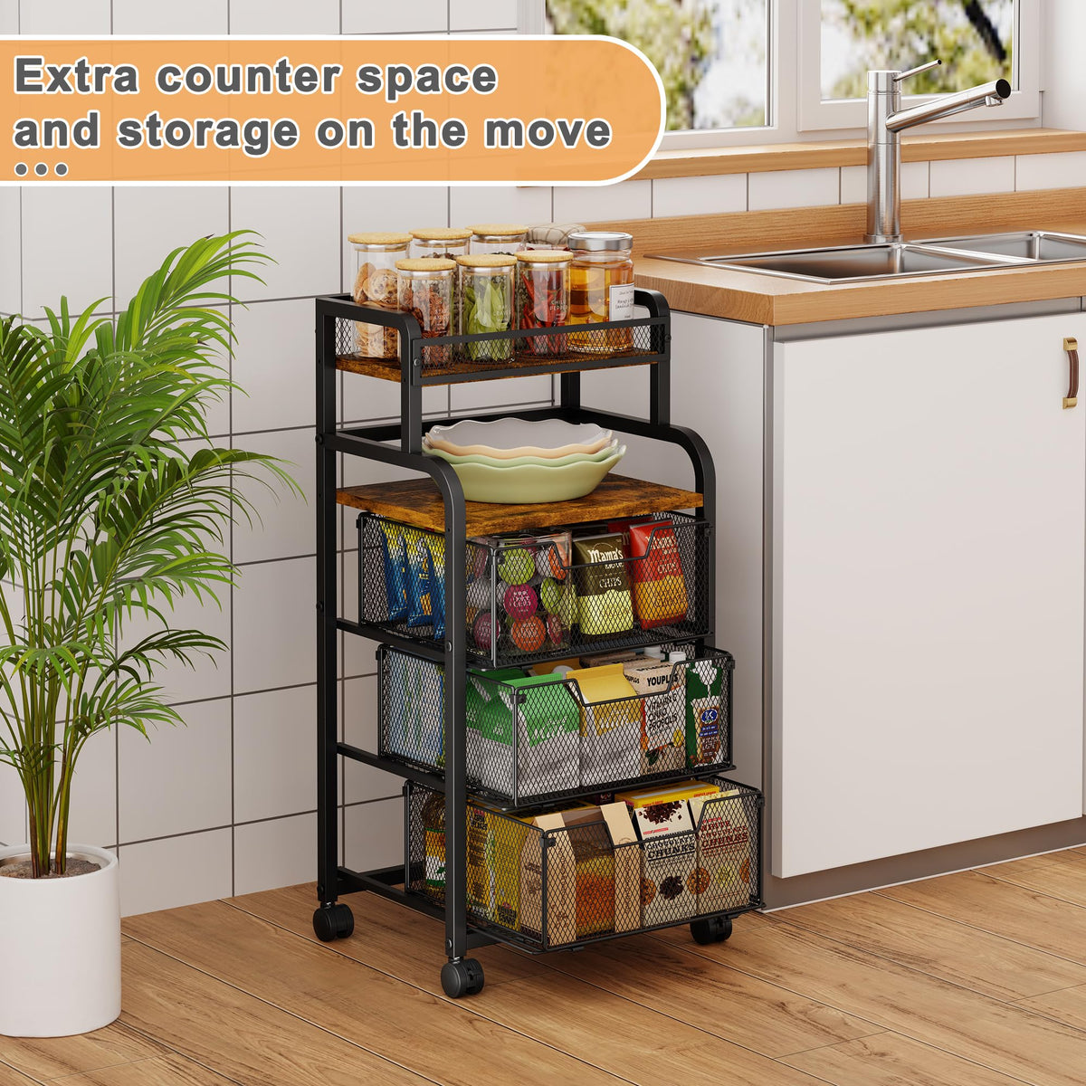 Yociyoga Fruit Vegetable Storage Cart, Kitchen Rolling Cart with Wheels, 4 Tier Pantry Organizer