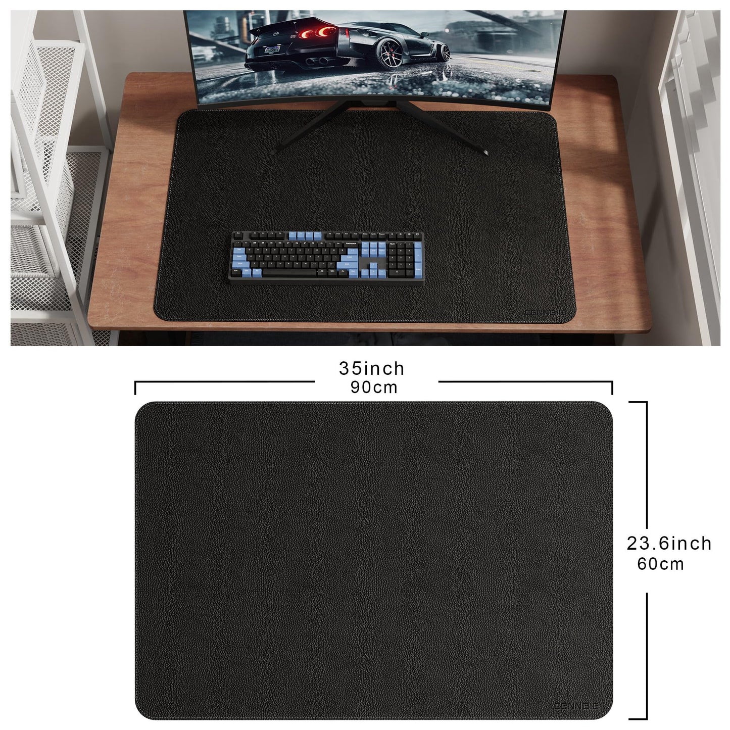 CENNBIE 35.5" x 23.6" Leather Desk Mat,Computer Mouse Pad (Black)