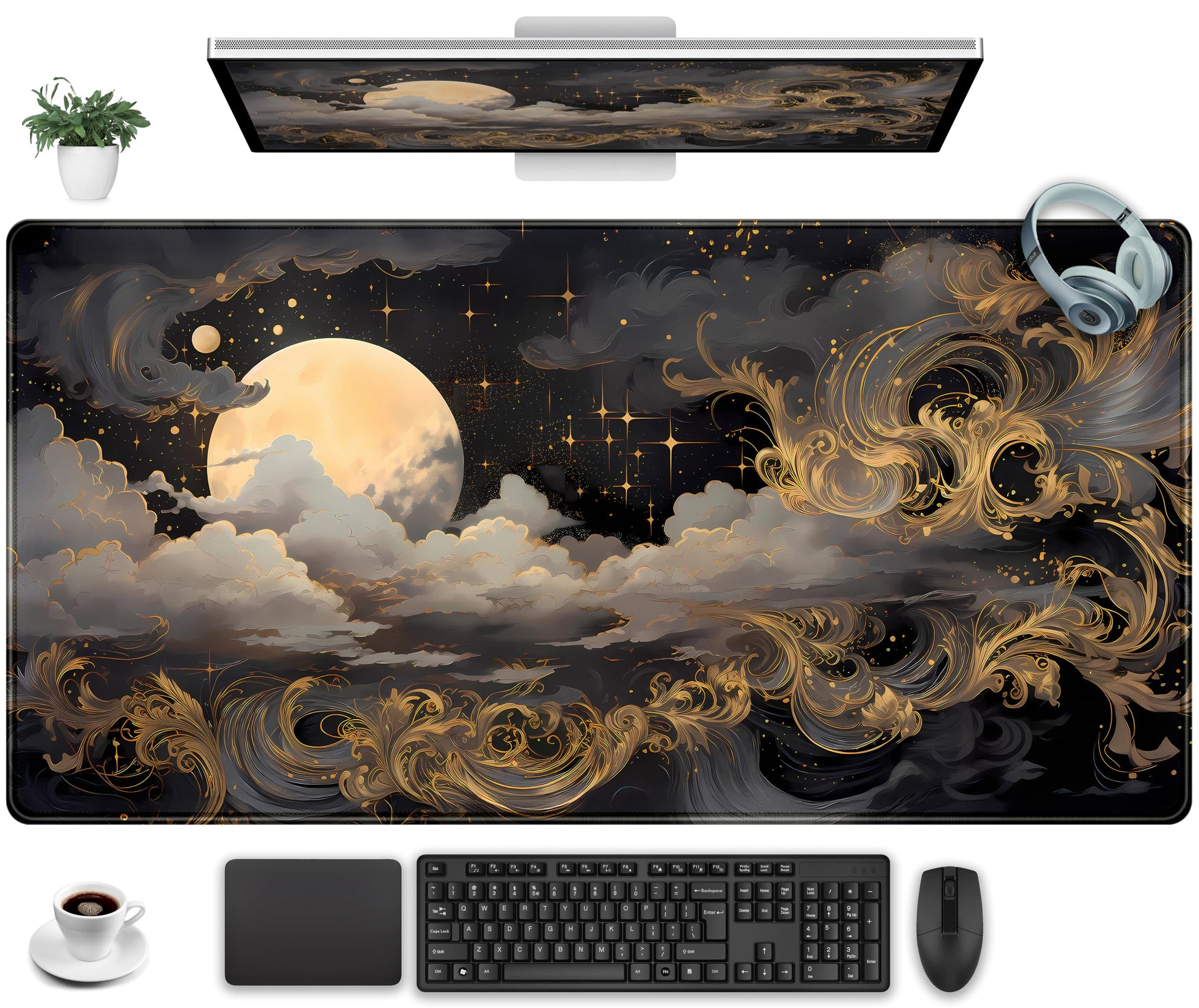 DKPXFG Golden Moon Desk Pad Black Desk Mat XXL Mouse Gaming Pads, Starry Sky Keyboard Pads Extra