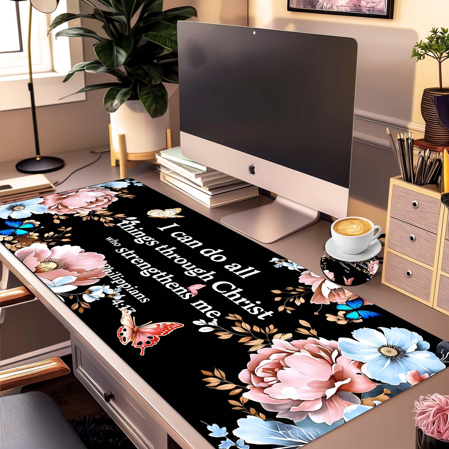 Extended Large Mouse Pad Set 31.5 x 15.7 – Christian Floral All-in-One Desk Set with Keyboard Wrist