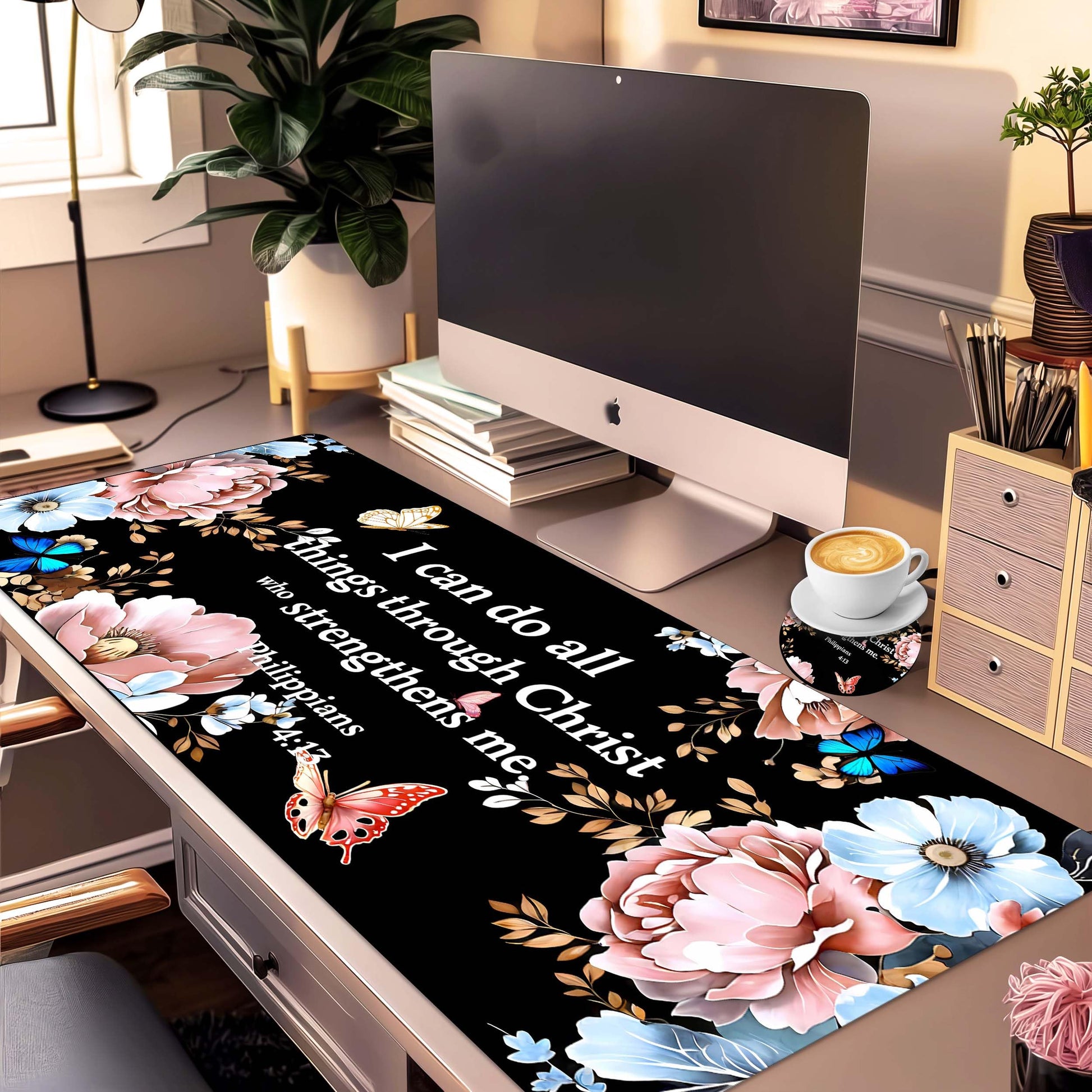 Extended Large Mouse Pad Set 31.5 x 15.7 – Christian Floral All-in-One Desk Set with Keyboard Wrist