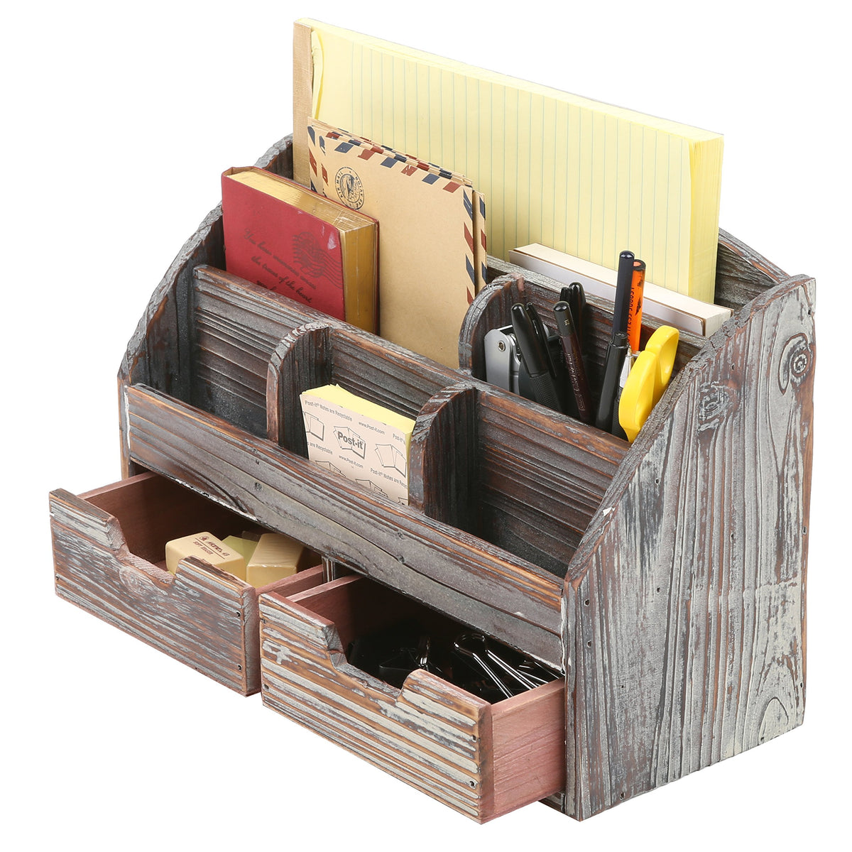 MyGift Office Supply Organizer with Drawers, Torched Wood Desktop Storage