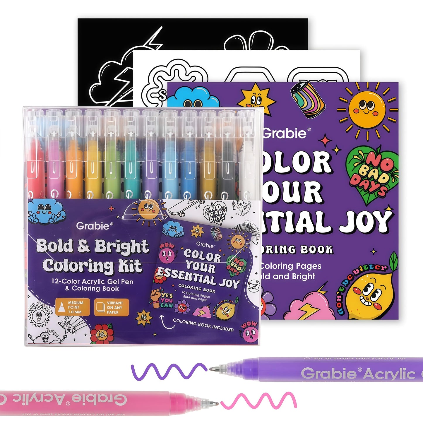 Grabie Acrylic Gel Pens Coloring Kit with Book, Pack of 12 Essential Colors