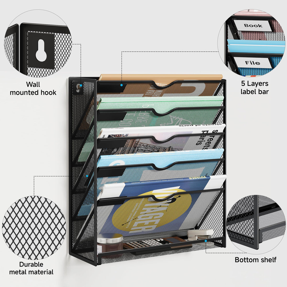Lavatino 6-Tier Mesh Hanging Wall File Organizer with Hooks – No Installation Needed, Paper Mail