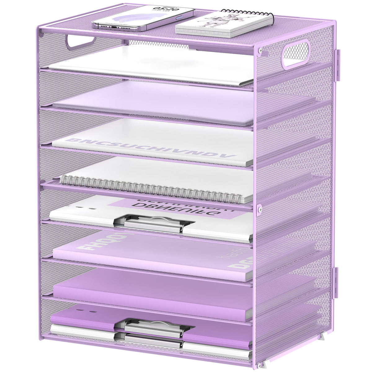 9-Tier Paper Organizer for Desk, Metal Letter Tray with Handles, Purple