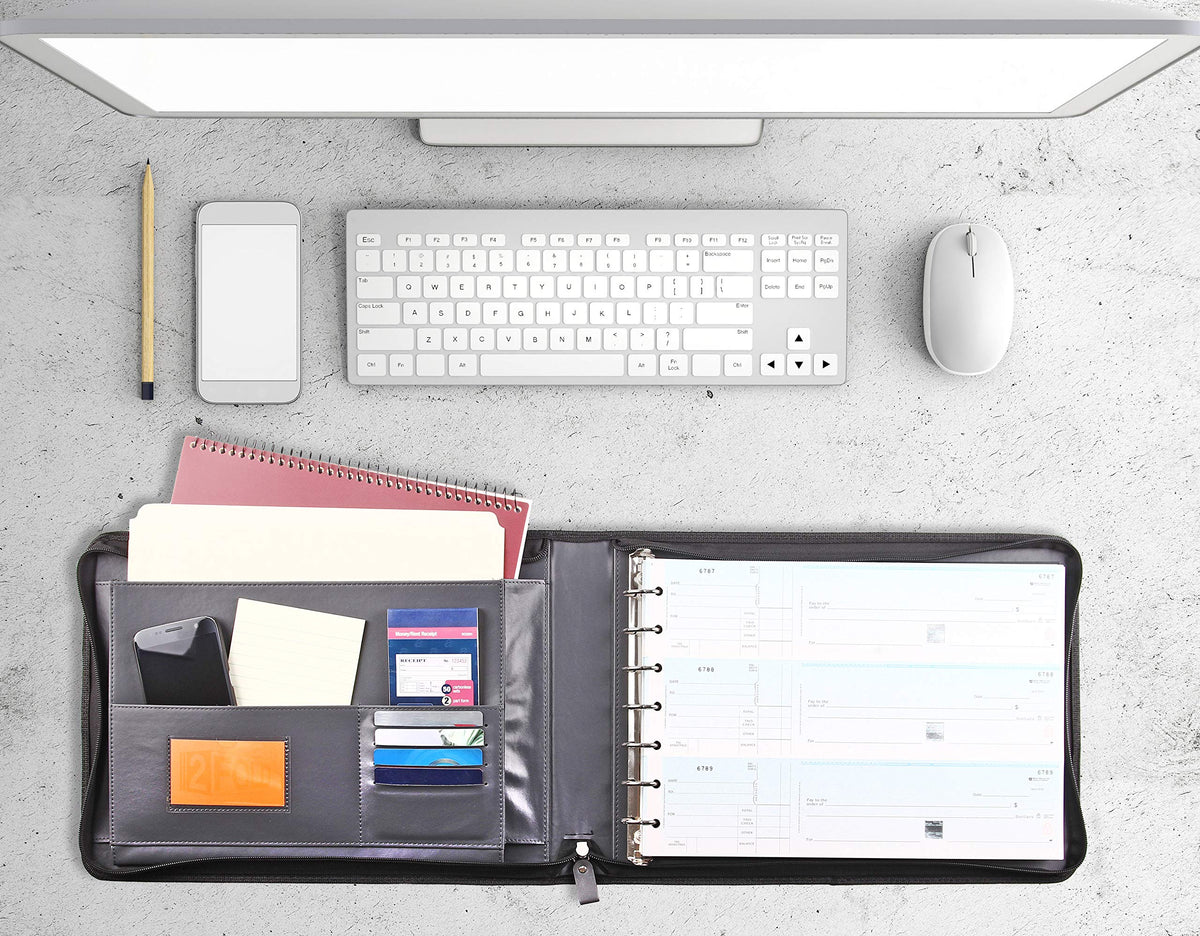 2Fold Zippered Business Checkbook Binder - 7 Ring Binder for Business Checks with Built-in