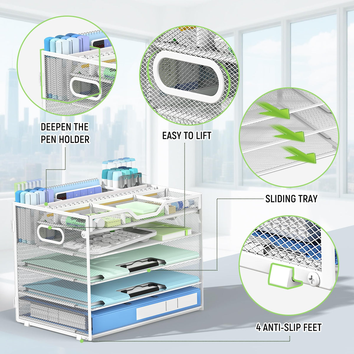 Docnest 5 Tier Mesh Desk Organizer with Removable Tray&Pen Holder, White