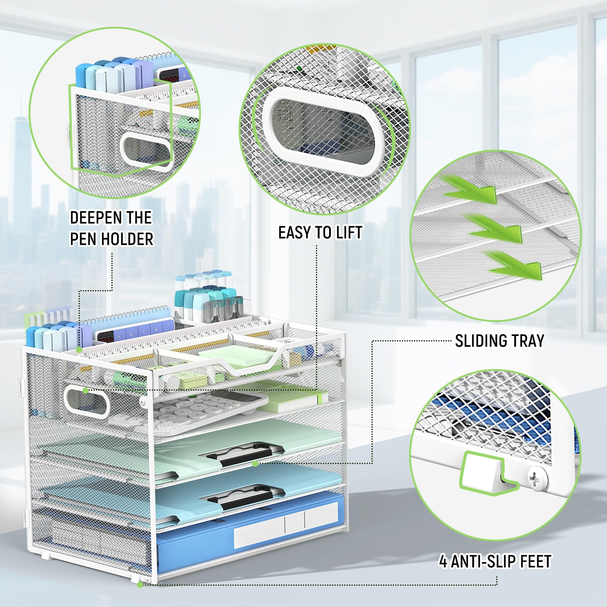Docnest 5 Tier Mesh Desk Organizer with Removable Tray&Pen Holder, White