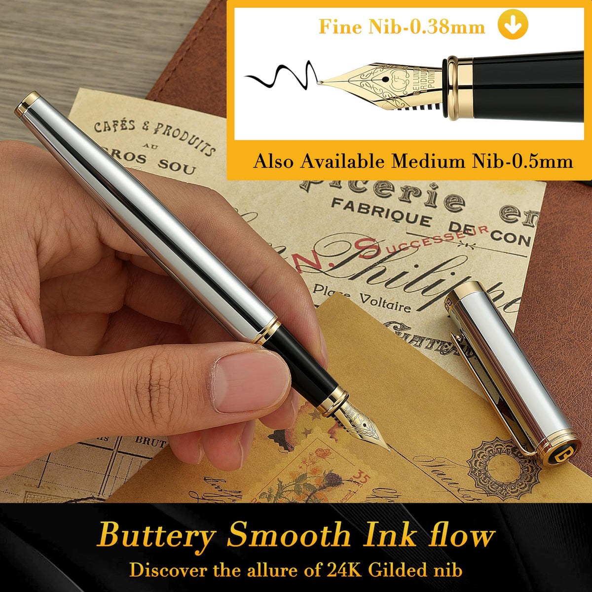 BEILUNER Silver Chrome Fountain Pen,Stunning Luxury with 24K Gold Accents, Gorgeous 24K Gilded