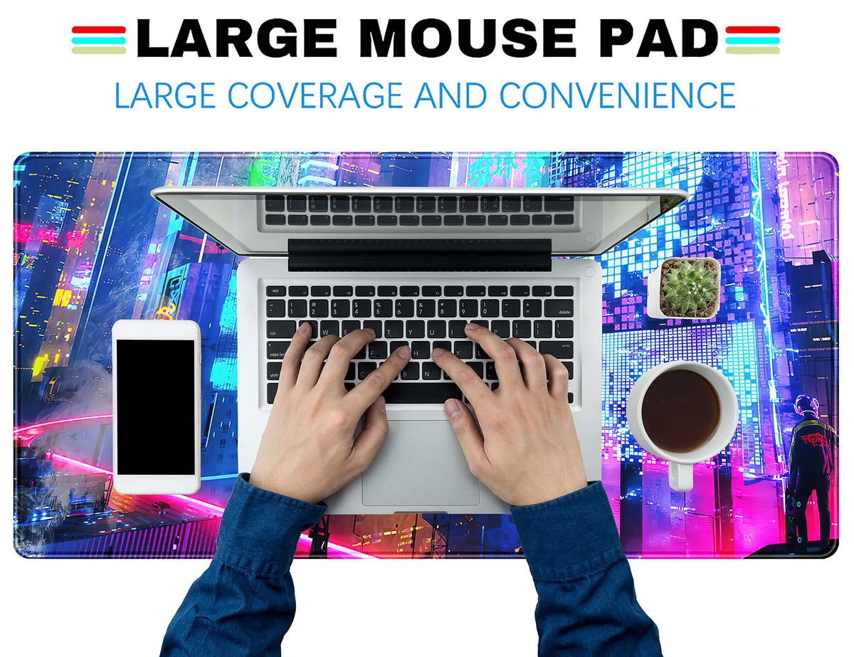 Japanese Street Desk Mat Futuristic Neon City Print Mouse Pad, Exclusive Desk Mats, XXL Large