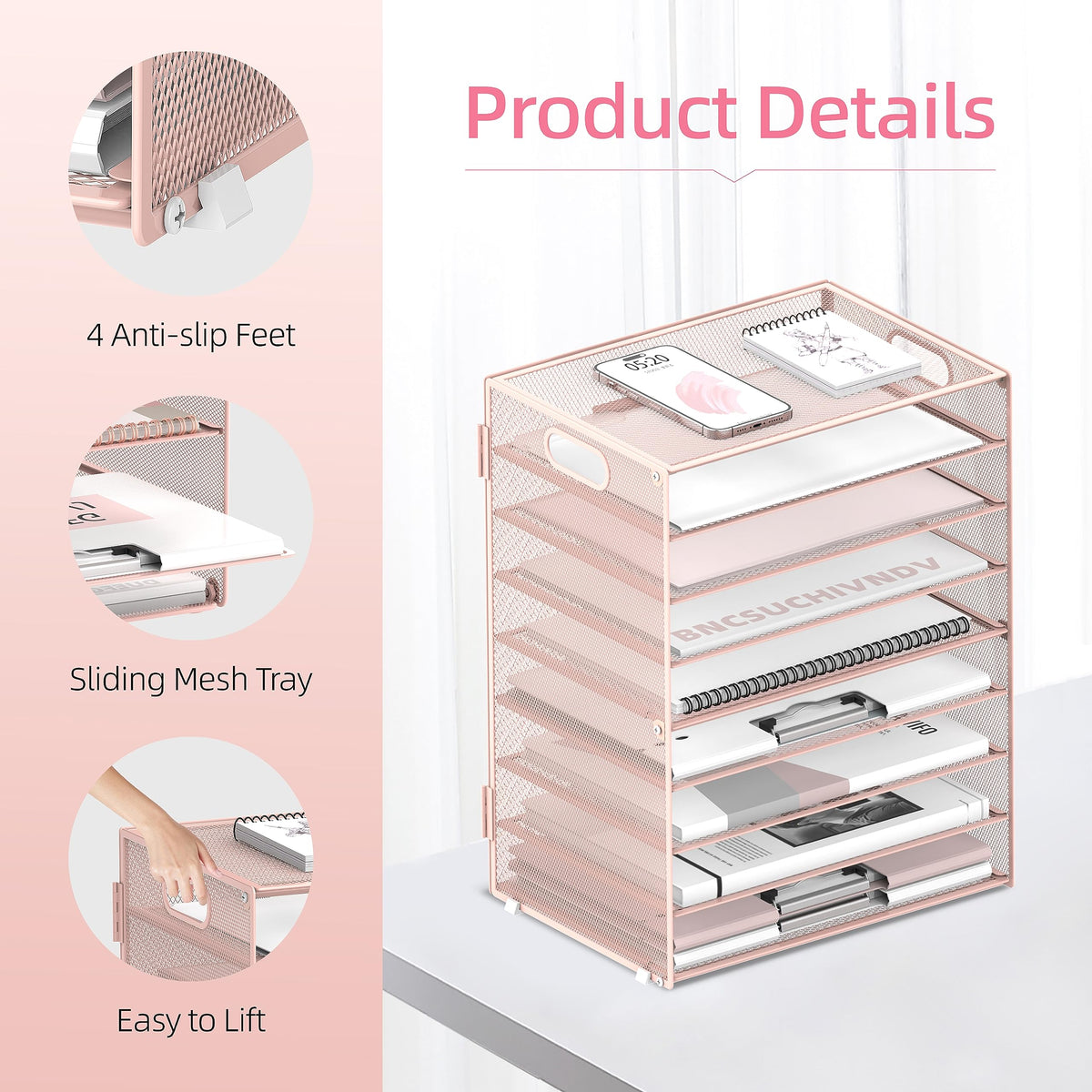 9-Tier Paper Organizer for Desk, Letter Tray with Handles, Pink, 2 Pack