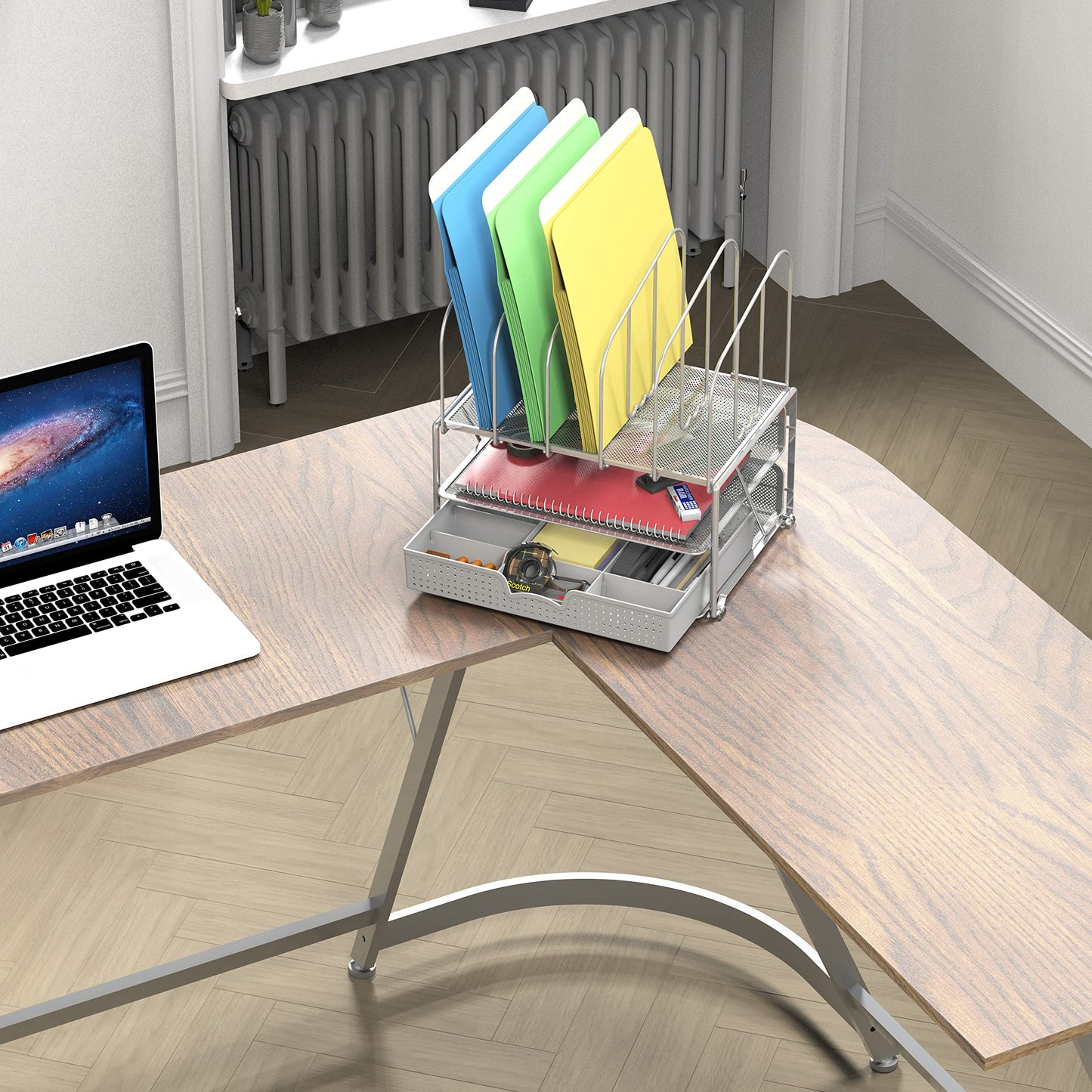 Deco Brothers Mesh Desk Organizer with Double Tray, 5 Upright Section, Gray
