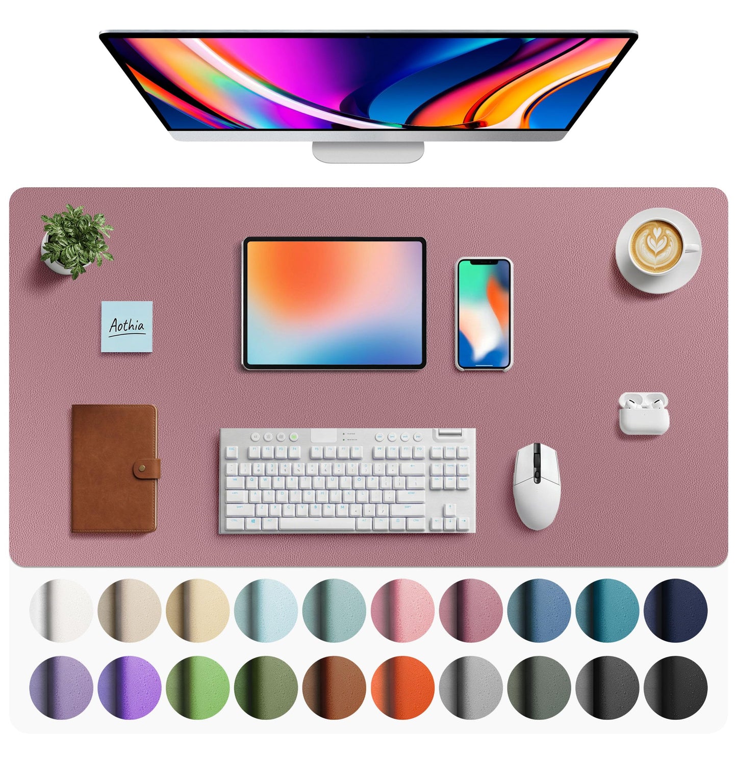 Aothia Faux Leather Desk Mat - Large Mouse Pad, Non-Slip PU Leather Blotter, Waterproof Writing