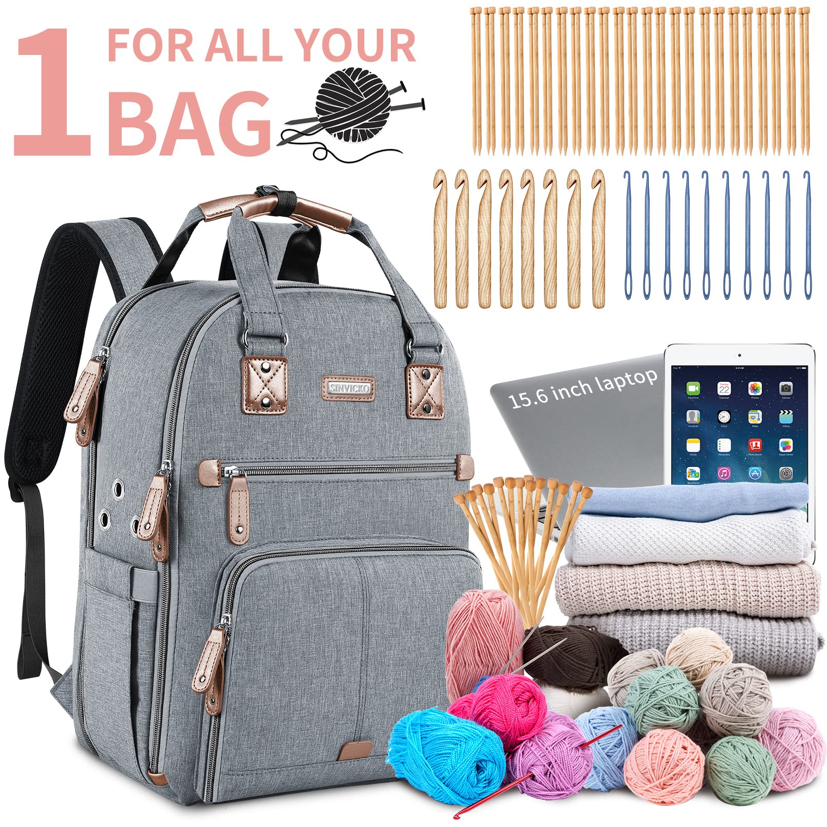 Crochet Bag, Knitting Bag Backpack and Totes Organizer with USB Charging Port, Large Yarn Storage