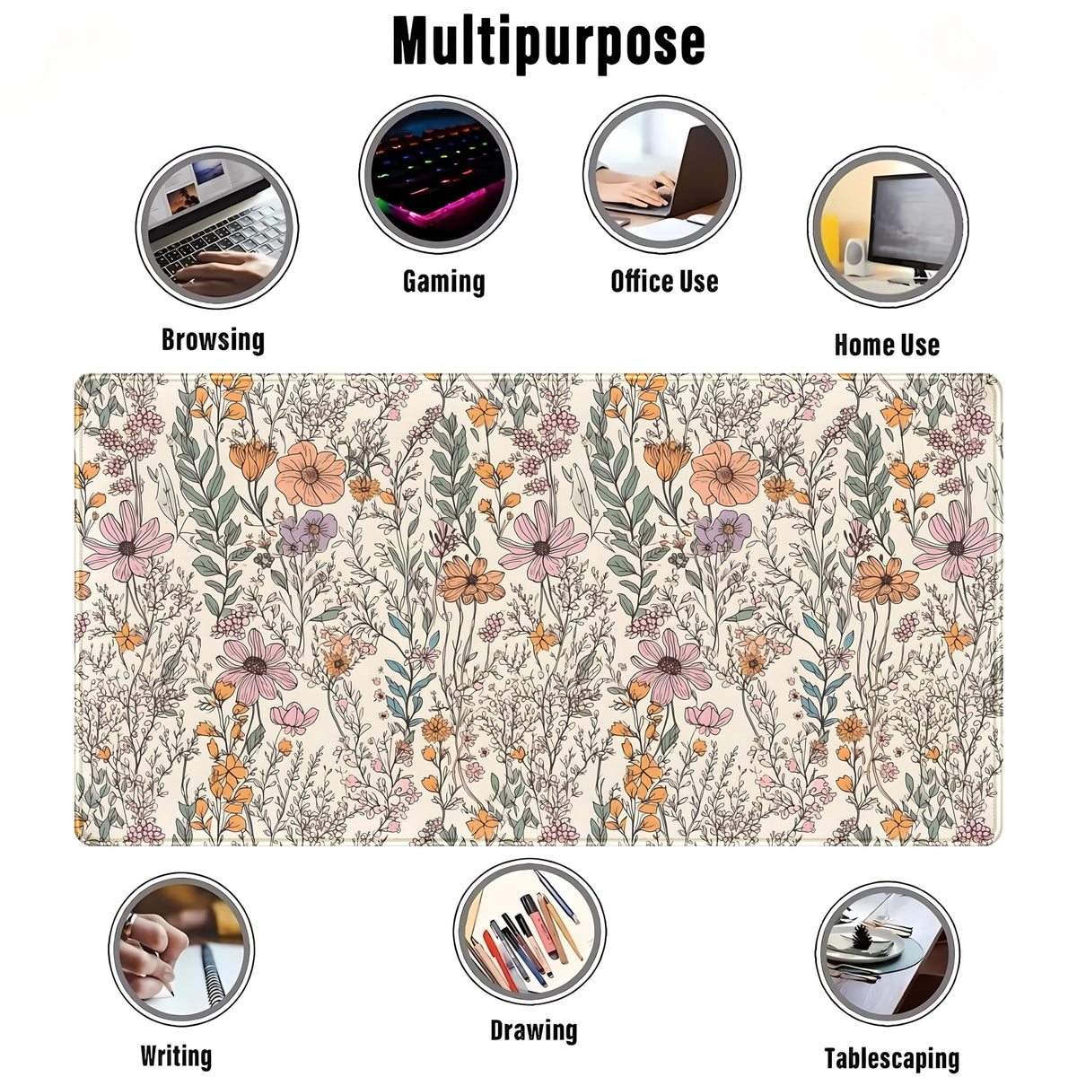 Wild Flowers Gaming Mouse Pad, Floral Cute Keyboard Mouse Mat, Full Desk Protector, Aesthetic Desk