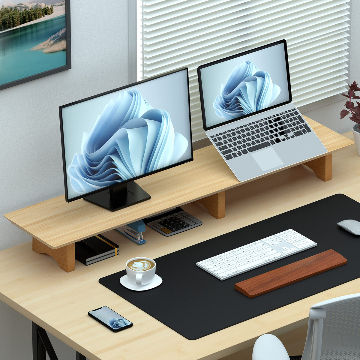 Aothia 43 inch Oak Solid Wood Dual Monitor Stand for Desk, Cork Legs
