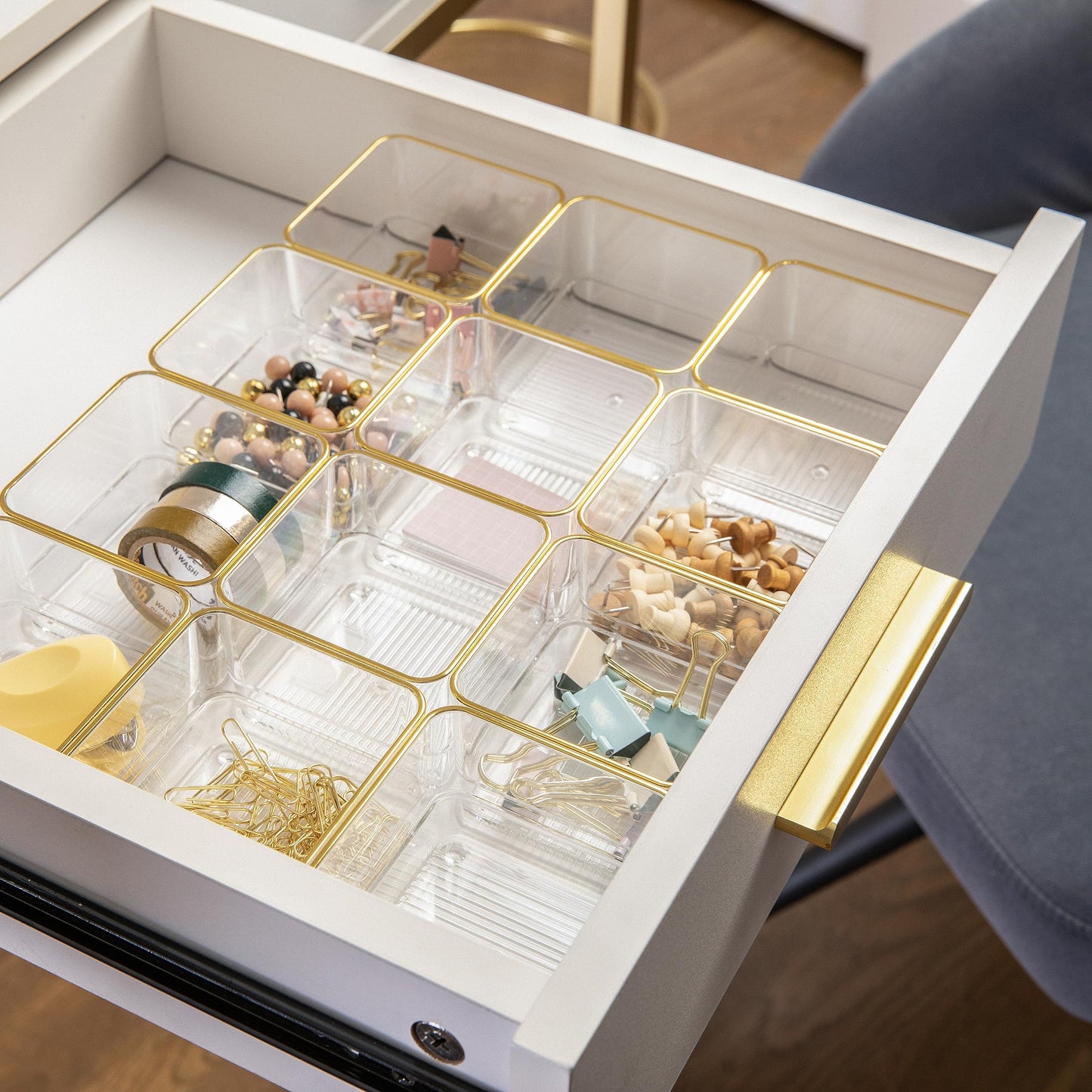 Martha Stewart Kerry Stackable Desk Drawer Organizers, Clear/Gold, 12-Pack