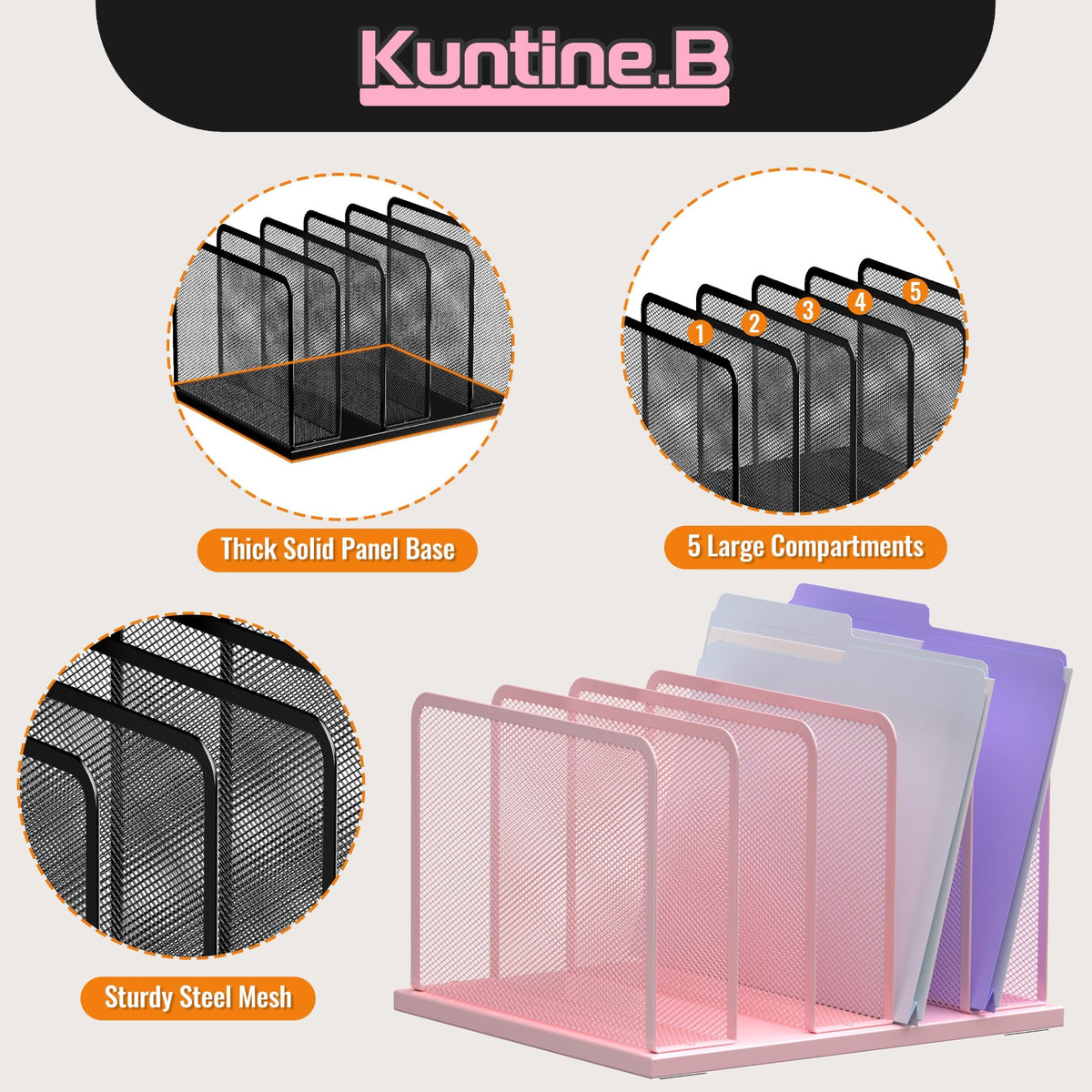 Kuntine.B 5-Section Upright Desk File Organizer Pink 1 Pack