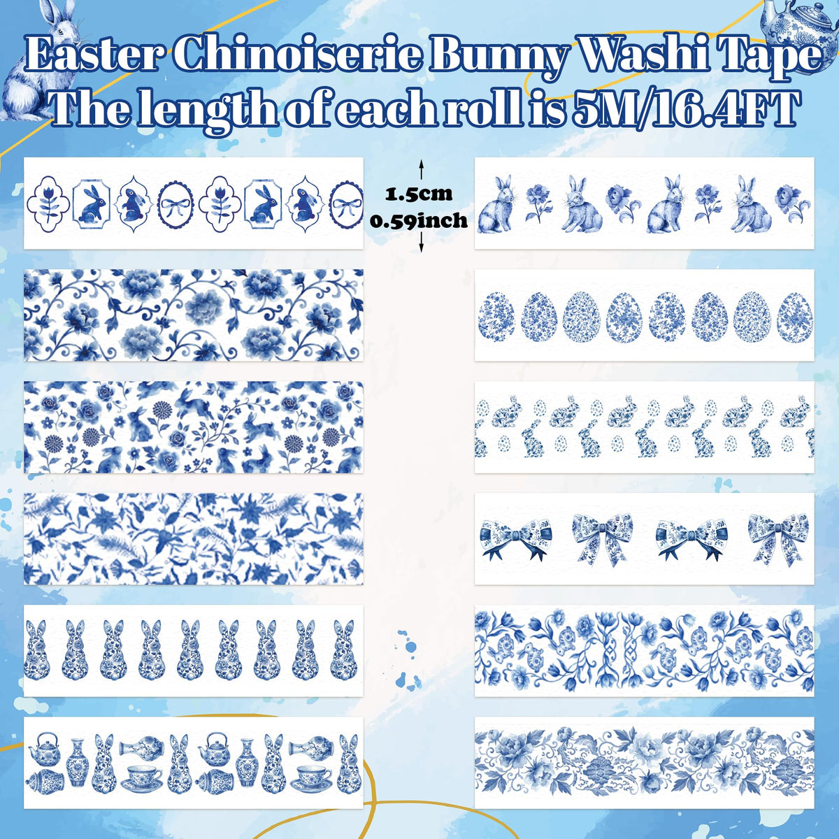 BkeeCten 12 Rolls Easter Chinoiserie Bunny Washi Tape for Gift Wrapping