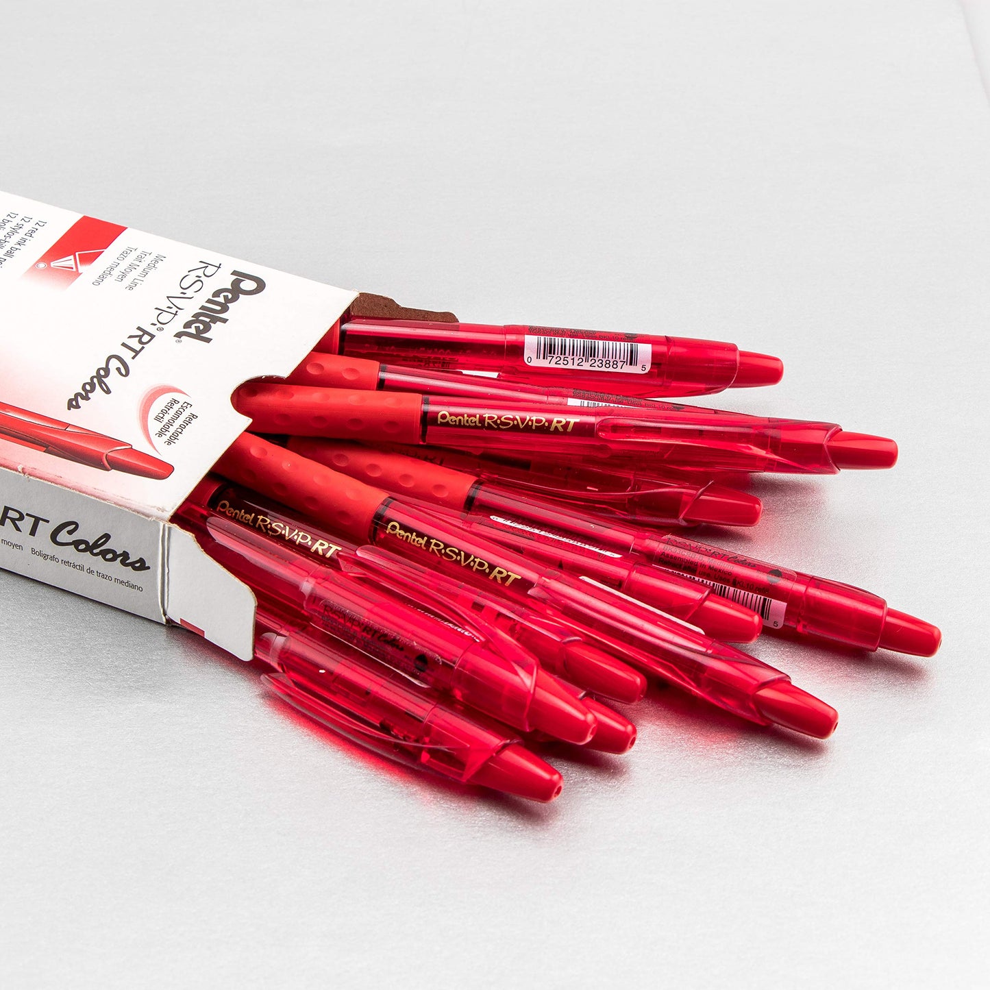 Pentel RSVP RT COLORS Retractable Ball Point Pen, Medium Line, Red Barrel, Red Ink, Box of 12