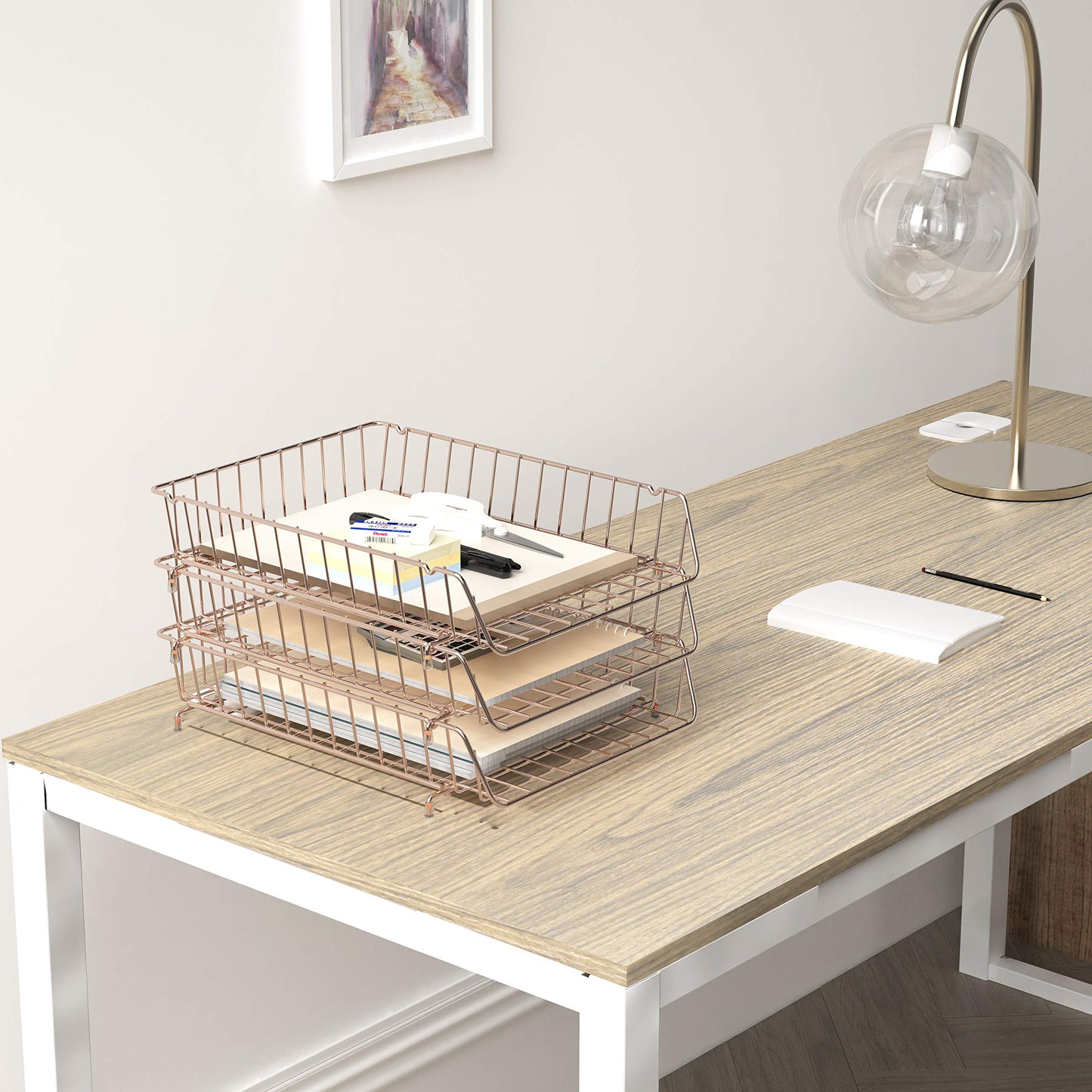 Simple Houseware Stackable Letter Tray, Wire Grid, Rose Gold
