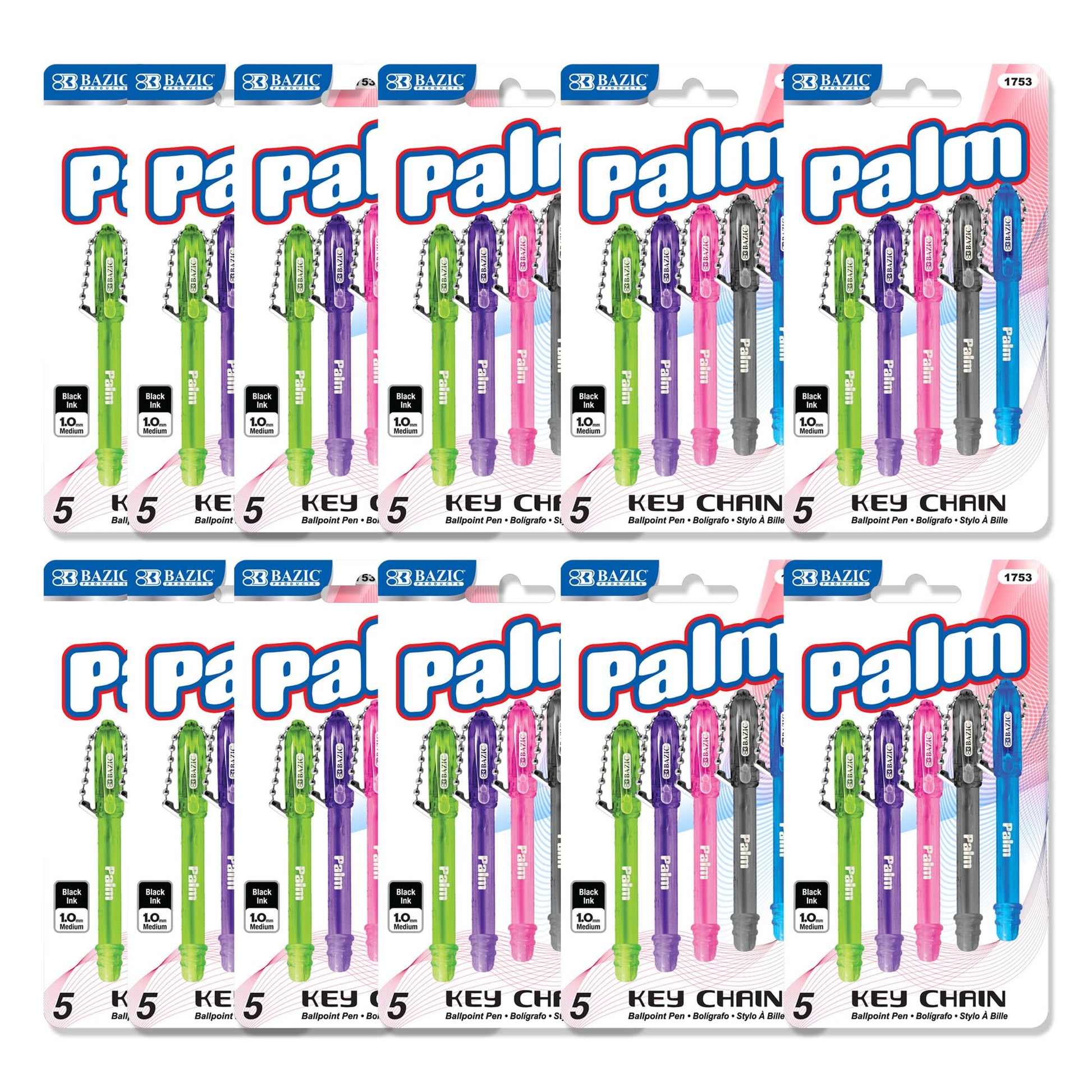 BAZIC PRODUCTS Palm Ballpoint Pens, Key Chain, Black Ink, 5 Ct, 12-Pack