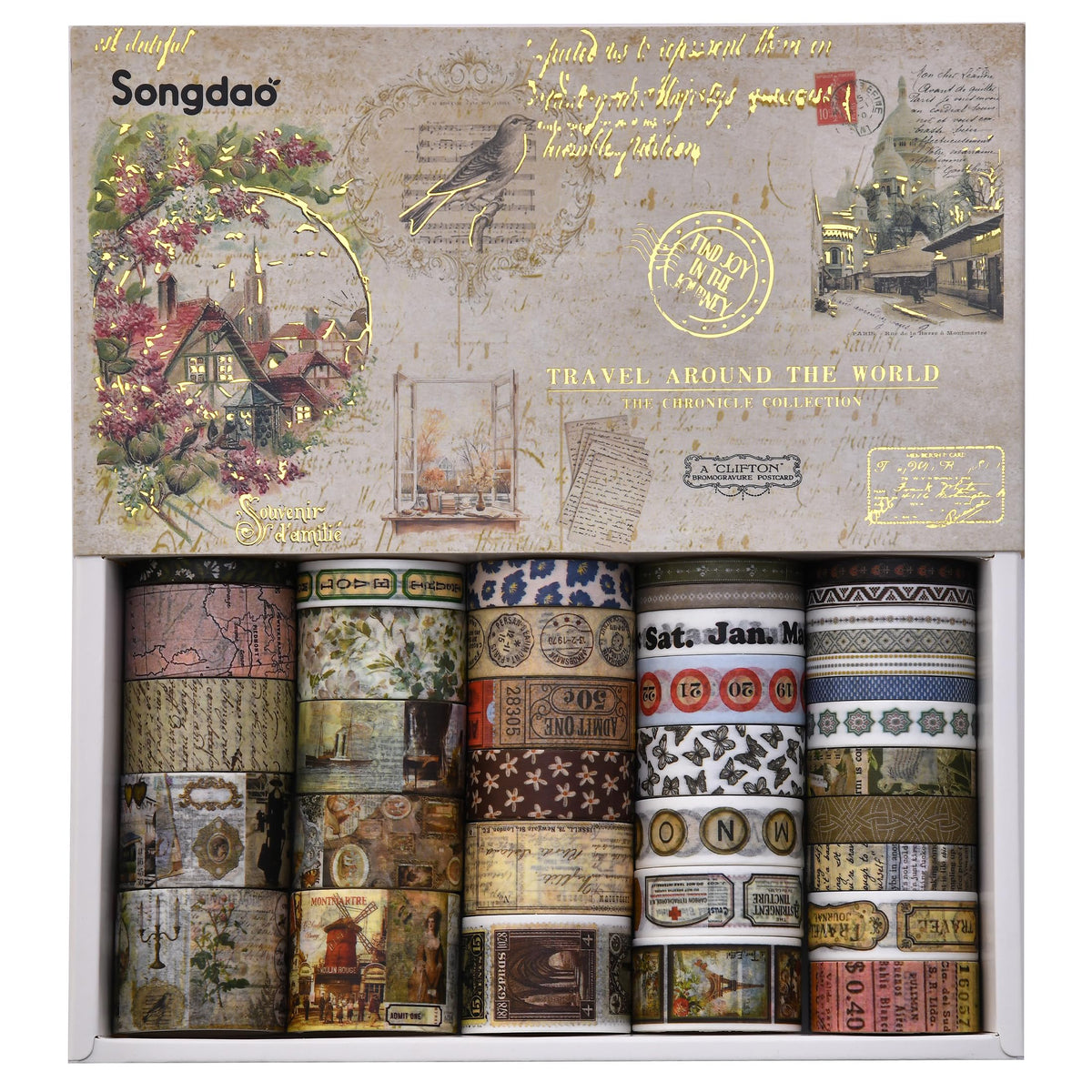 Songdao 36 Rolls Vintage Washi Tape Pack Retro Arts Adhesive Tapes Wide Chronicle Decorative