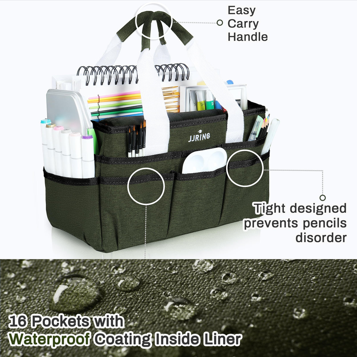 JJRING Craft Organizer Tote Bag Art Storage Caddy Sap Green