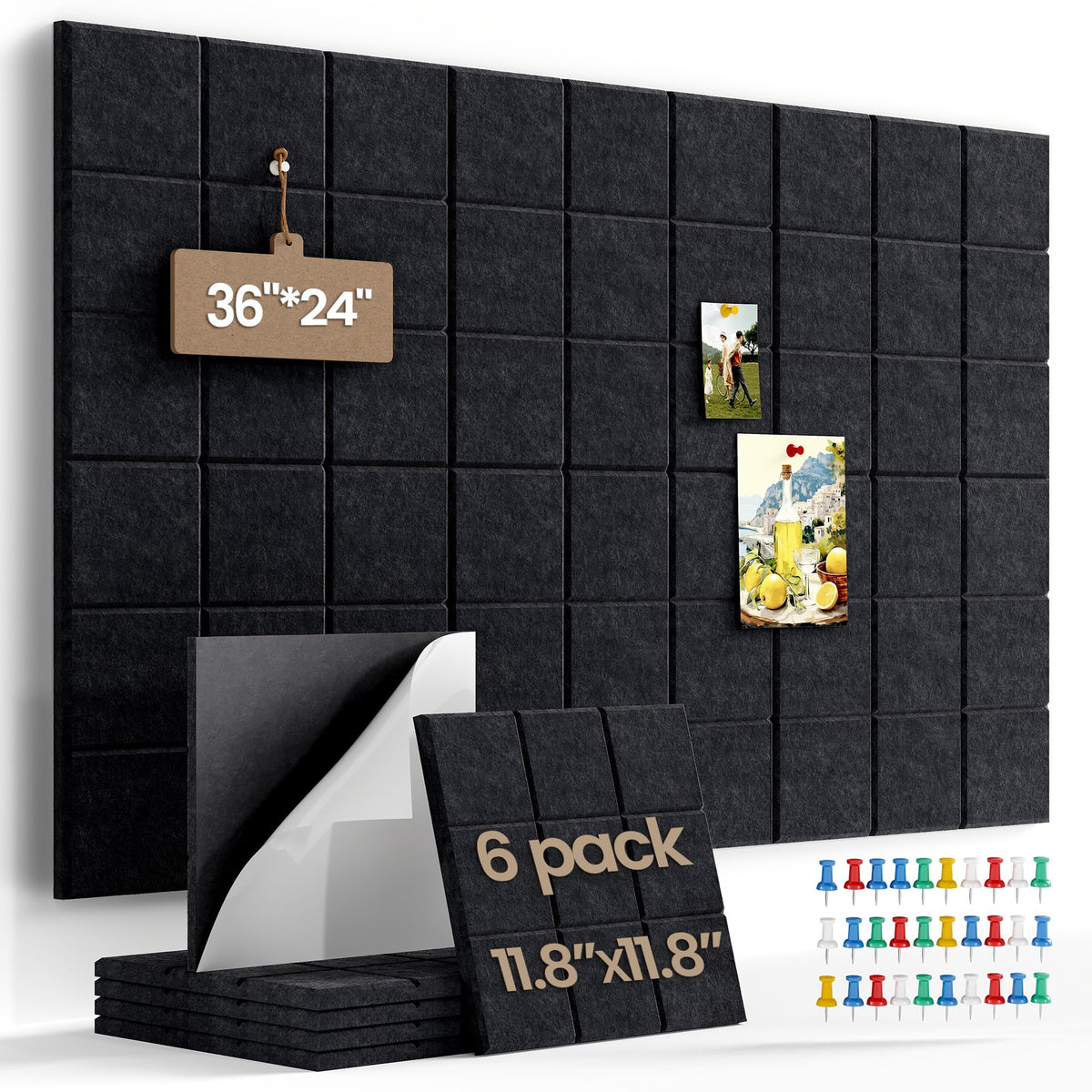 36" x 24" Large Black Cork Board Alternative - 6 Pack Felt Bulletin Board with 30 Push Pins, Felt