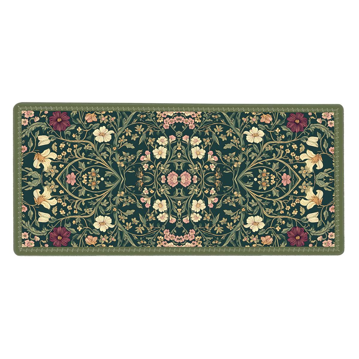 Cute Floral Aesthetic Dahlia Gaming Mouse Pad, Dark Green Rug Desk Mat with Anti-Slip Base &