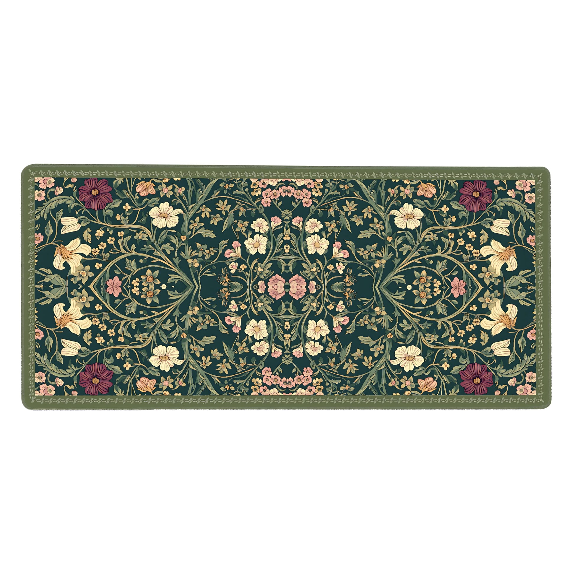 Cute Floral Aesthetic Dahlia Gaming Mouse Pad, Dark Green Rug Desk Mat with Anti-Slip Base &