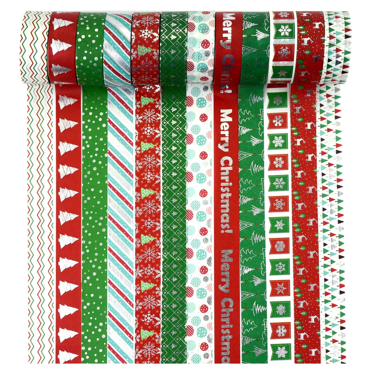 Bskifnn 12 Rolls Christmas Washi Tape 0.6" x 16.4ft Silver Foil Merry Christmas Masking Tape Great