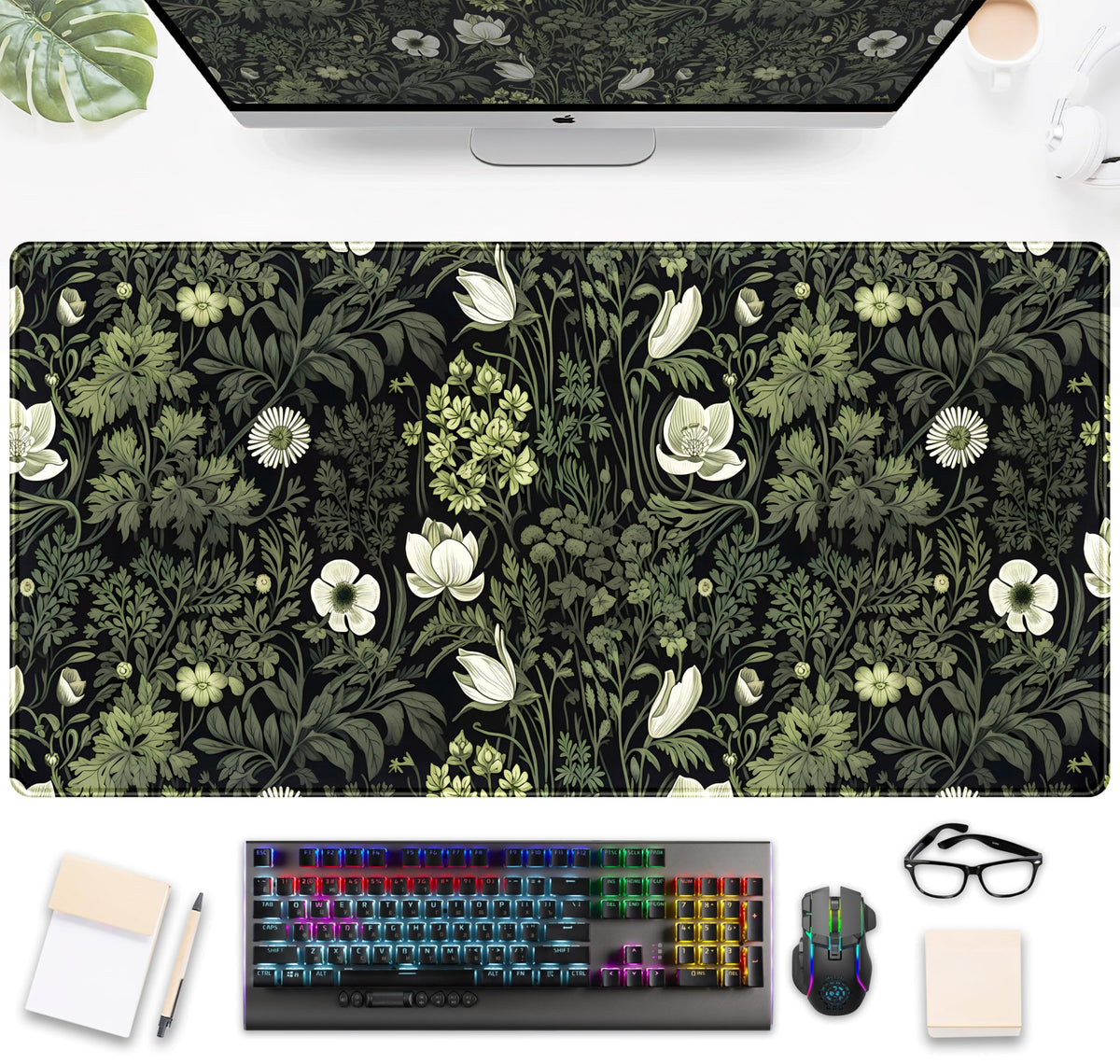 Dark Green Floral Plants XXL Gaming Mousepad & Desk Pad - Nature Leaf Flower Laptop Keyboard Mat