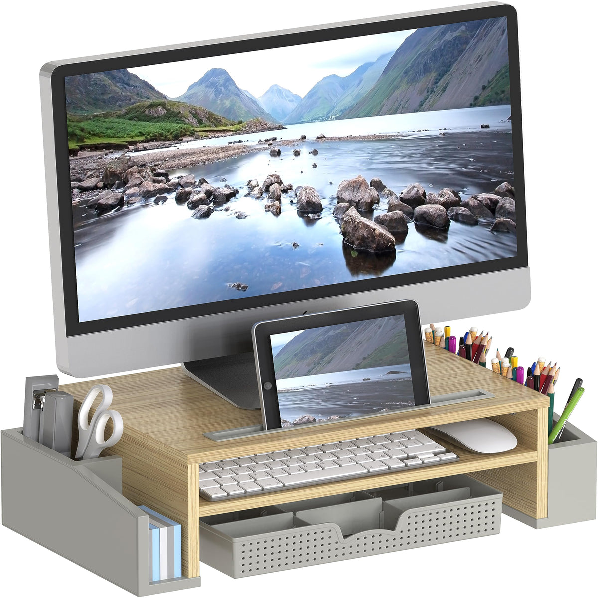 Simple Houseware Desk Monitor Stand Riser w/ Adjustable Tray, Oak