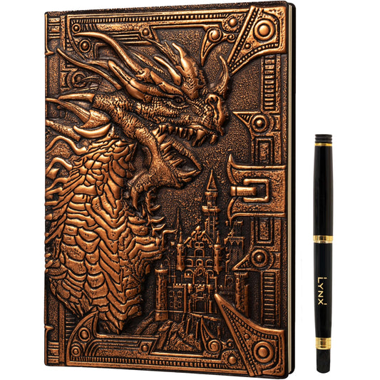 DND Notebook / Journal, Unique 200 Page Book with 3D Bronze Dragon Embossed Faux Leather Cover with