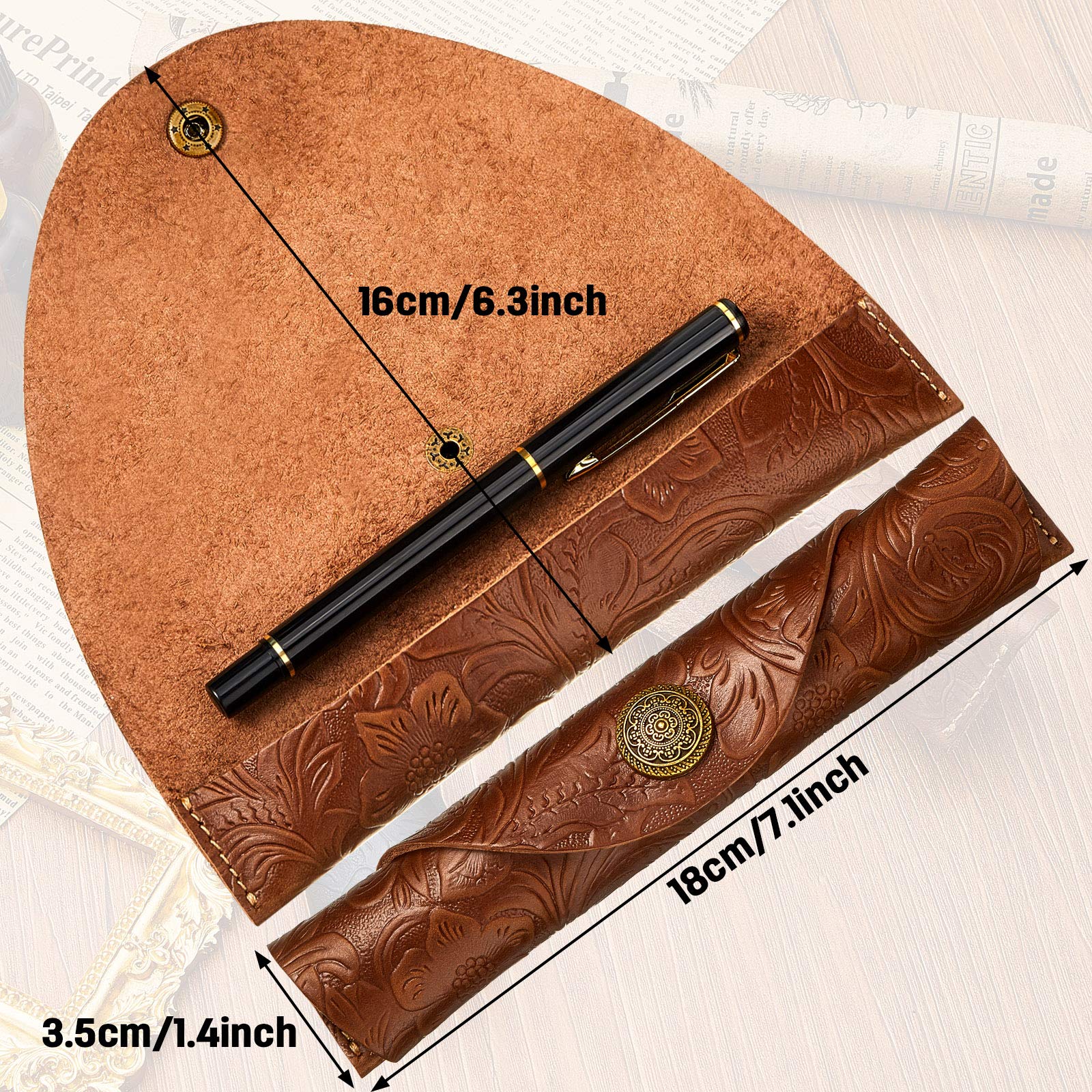 Zonon 2 Pieces Vintage Handmade Leather Pen Case Carved Roll Leather Pen Holder for School Home