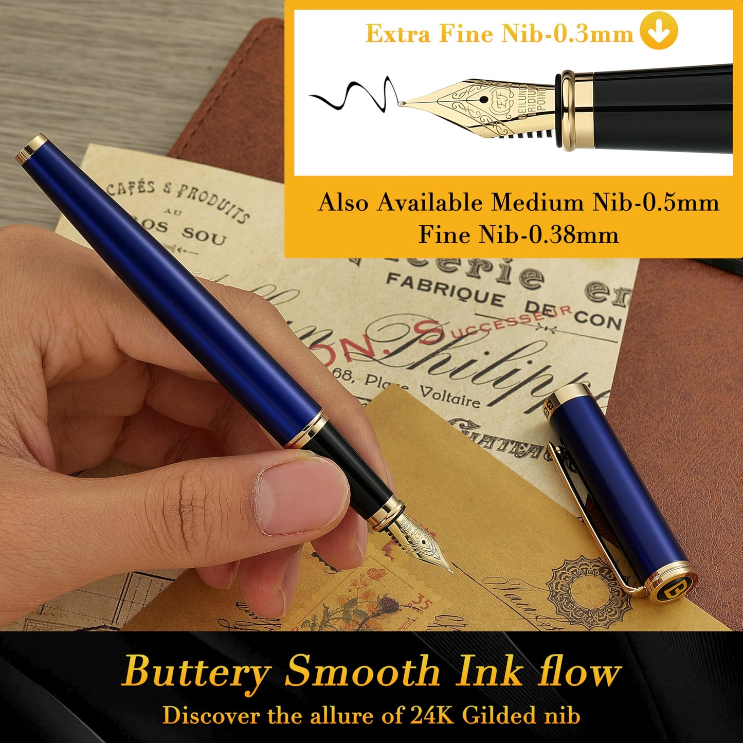 BEILUNER Blue Fountain Pen,Stunning Luxury Pens with 24K Gold Accents, Gorgeous 24K Gilded