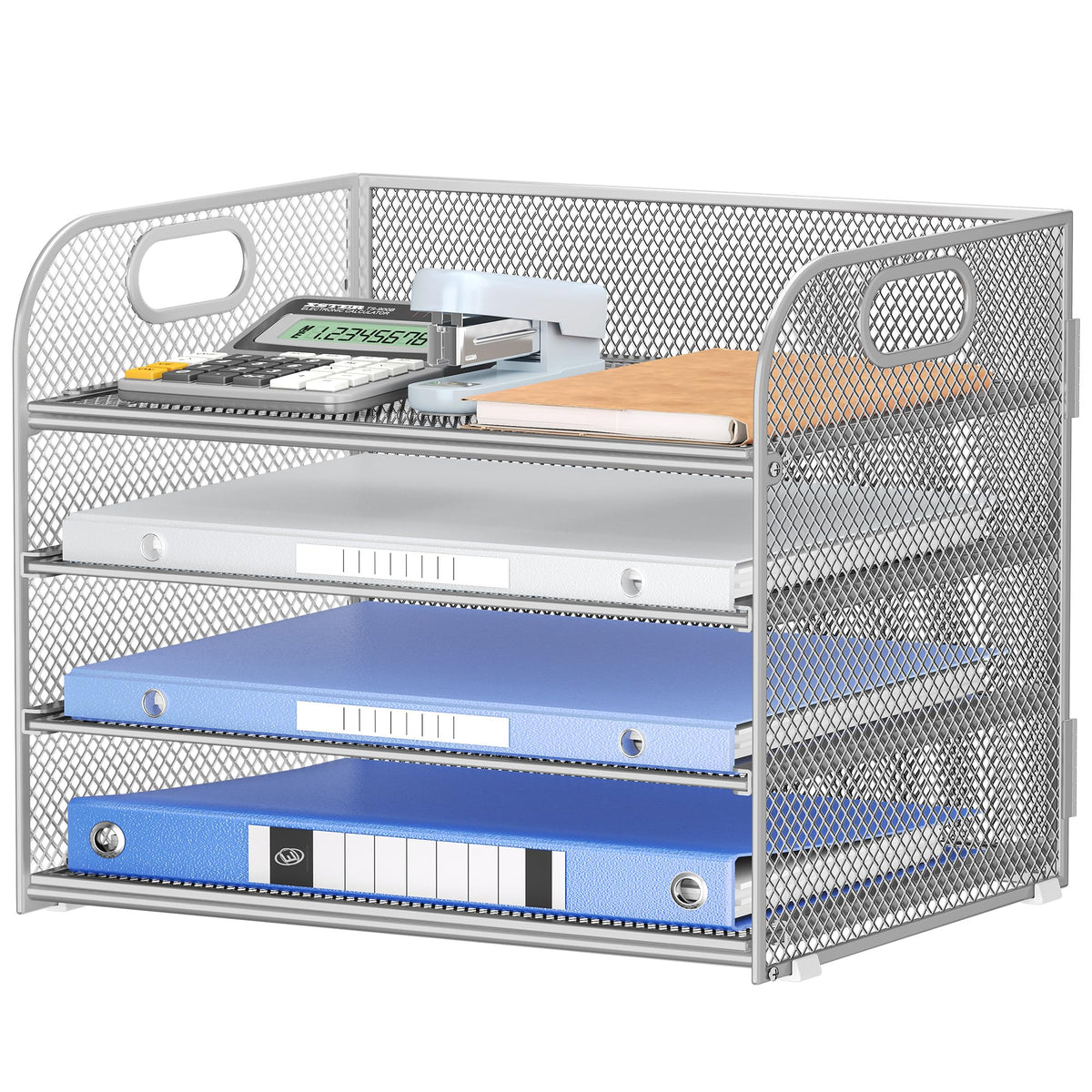 Lavatino 4-Tier Paper Organizer Trays - Silver Mesh File Folder Sorter with Handles, Desk Letter